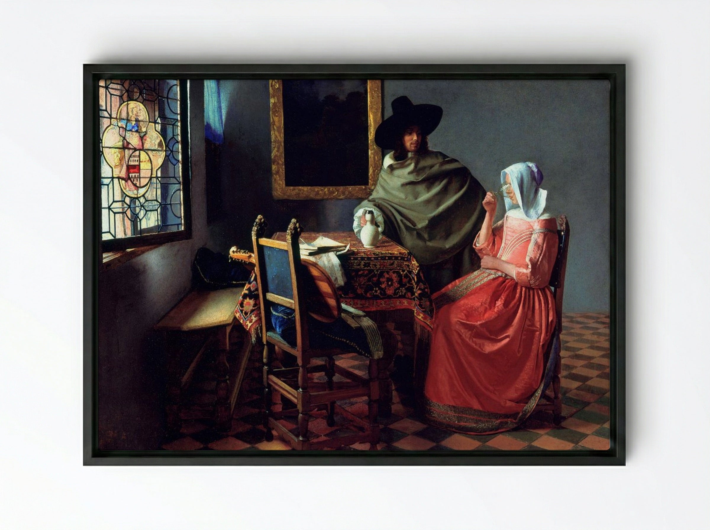 The Wine Glass - Johannes Vermeer - Framed Canvas Black