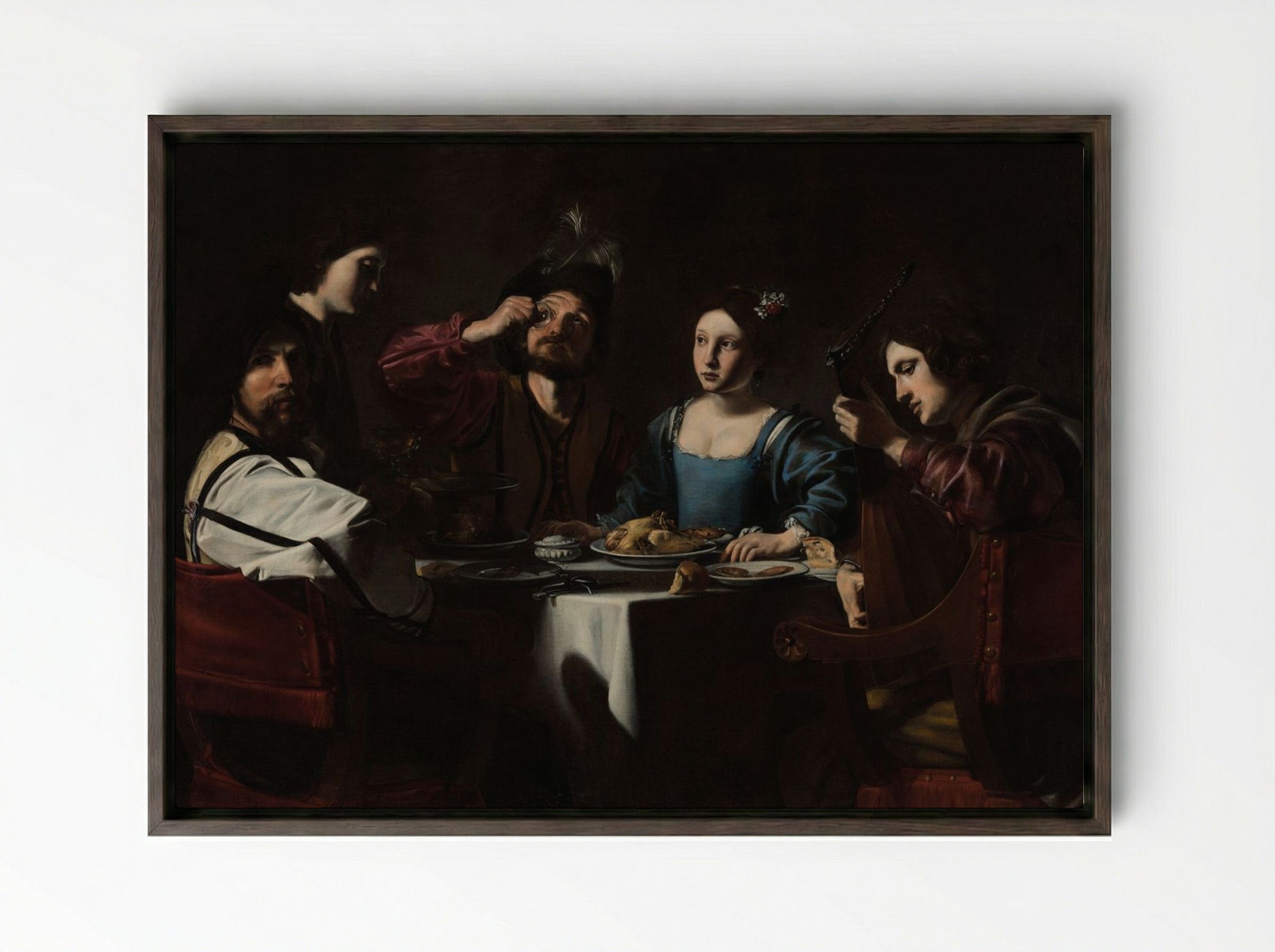 Banquet Scene with a Lute Player - Valentin de Boulogne - Framed Canvas Dark Wood