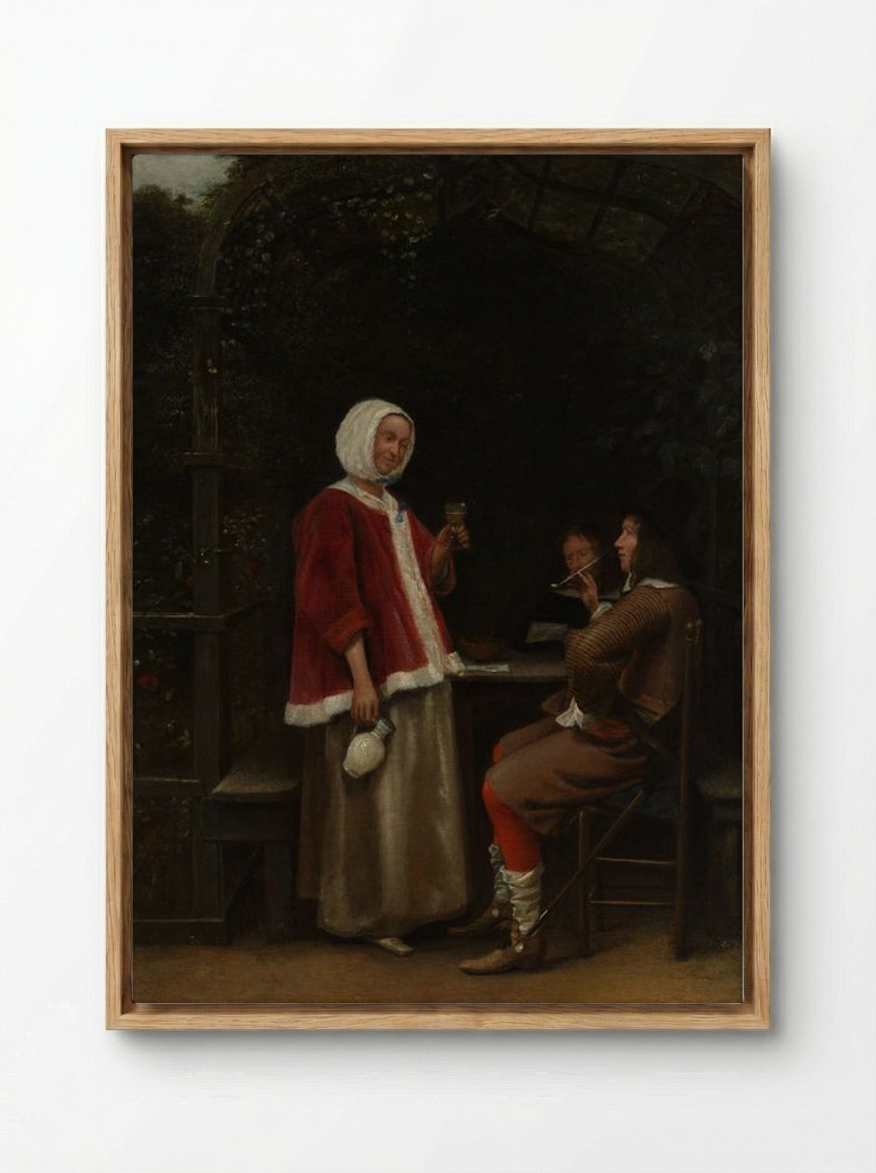 A Woman and Two Men in an Arbor - Pieter de Hooch - Framed Canvas Wood