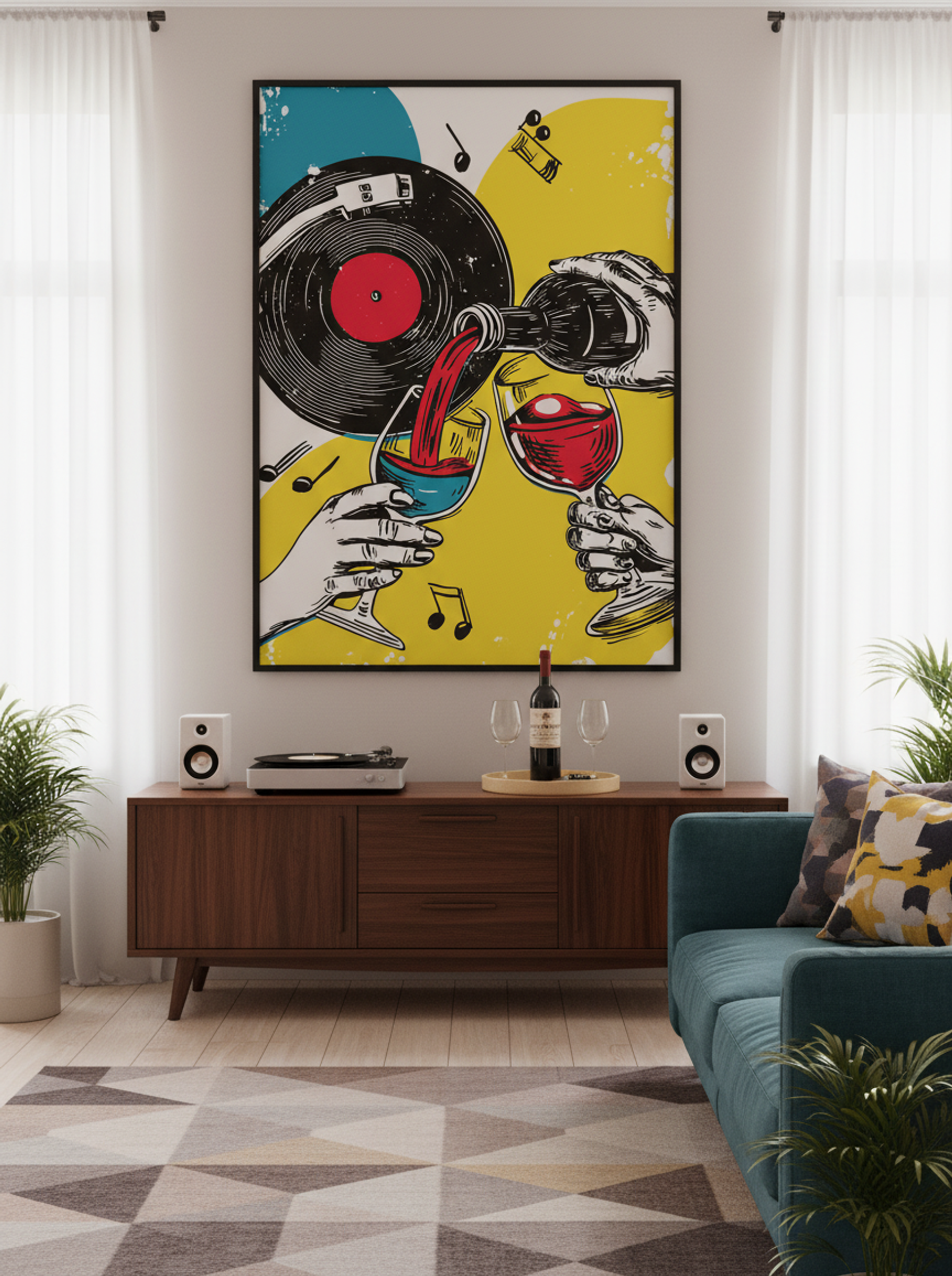 Vinyl and Vino – Bold Pop Art Wine and Music Print - Lifestyle