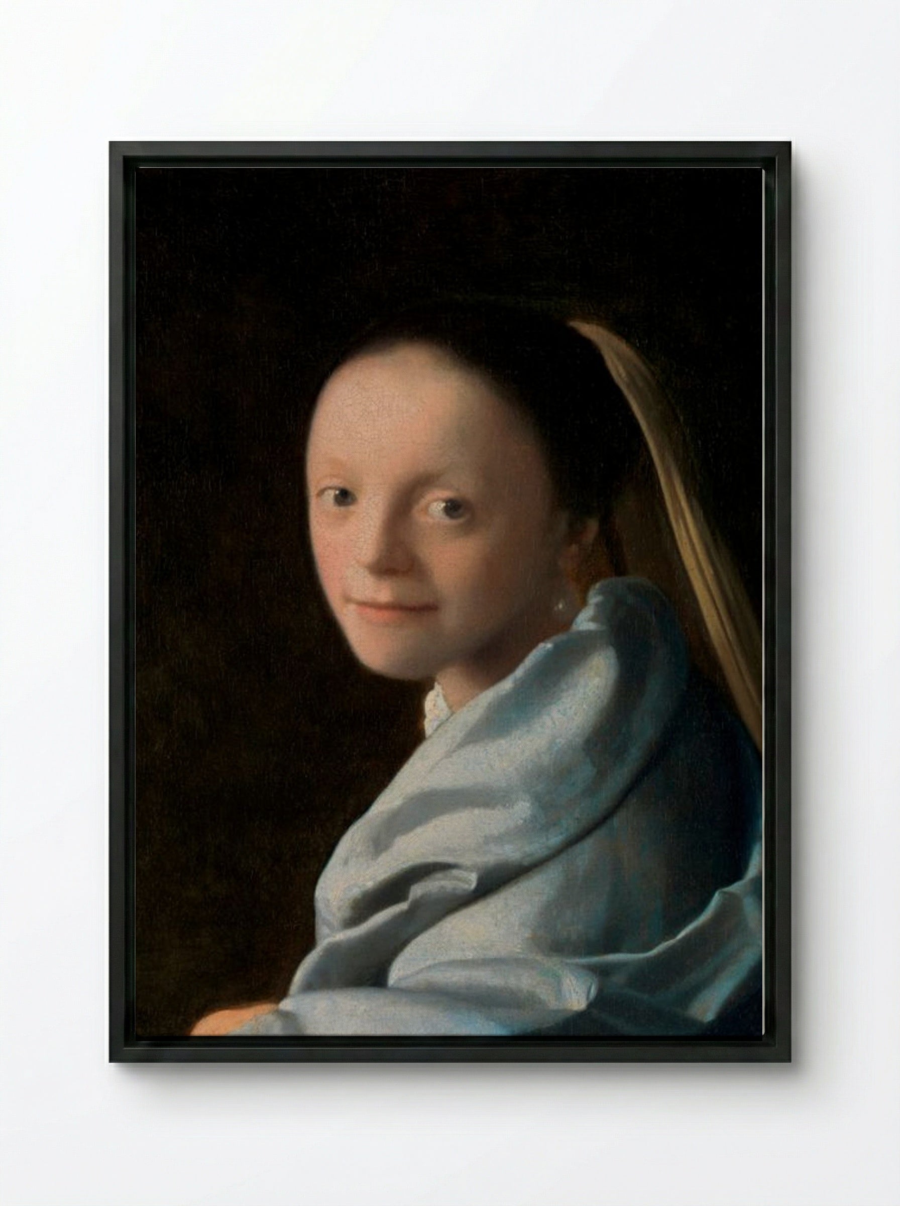 Study of a Young Woman - Johannes Vermeer - Framed Canvas Black