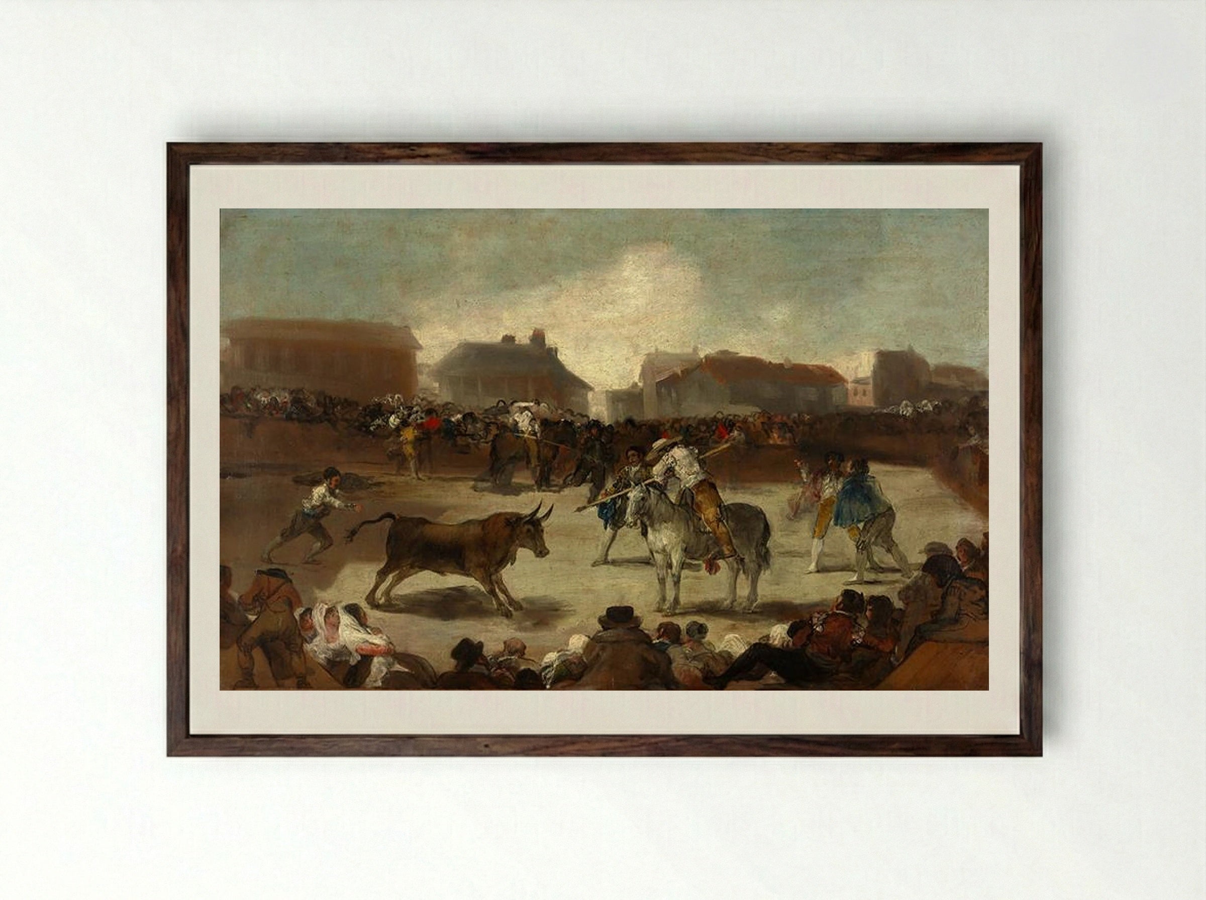 A Village Bullfight - Francisco Goya - Framed Print Dark Wood