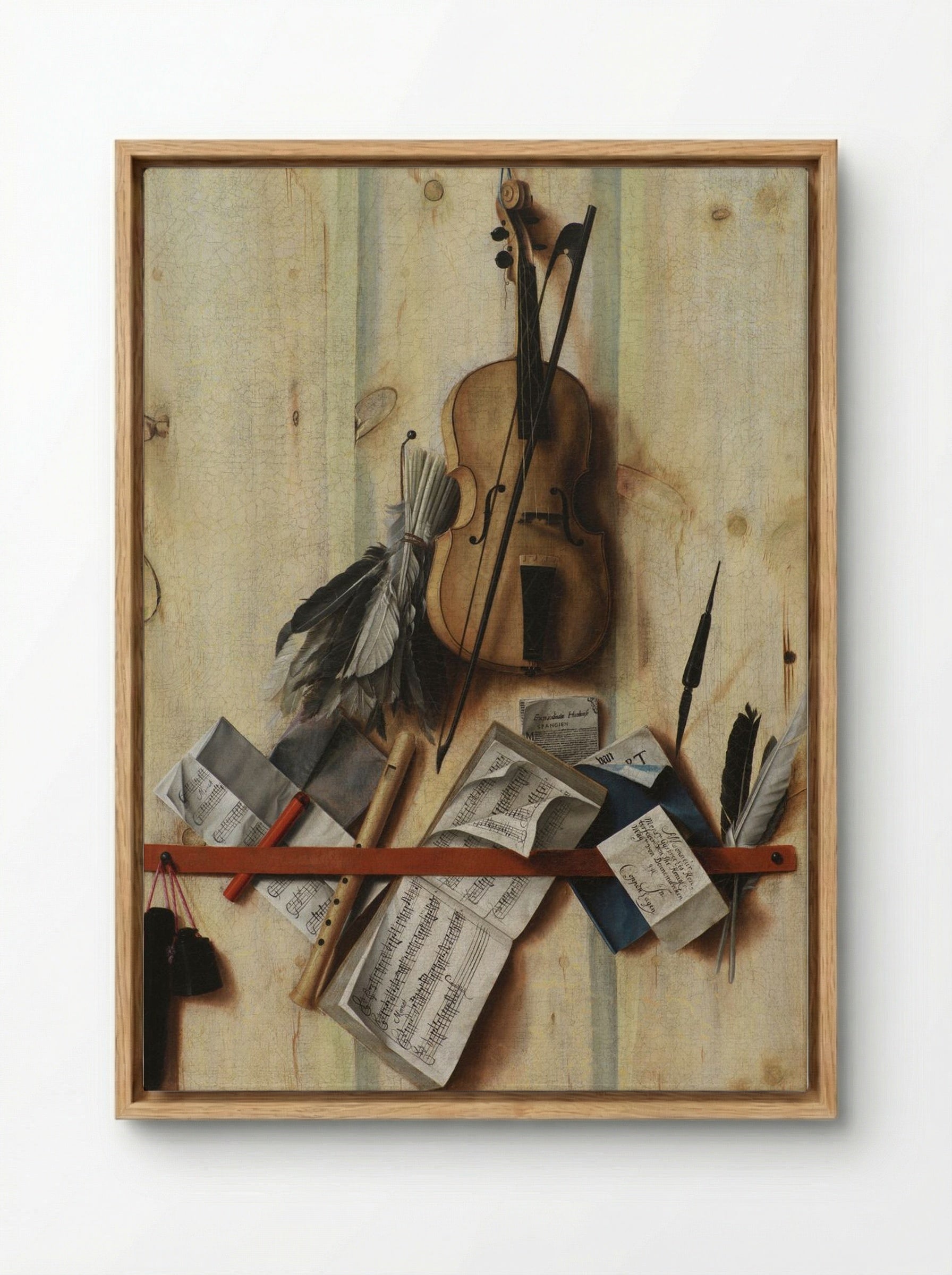 Trompe l'oeil with violin, sheet music and recorder - Cornelis Norbertus Gysbrechts - Framed Canvas Wood