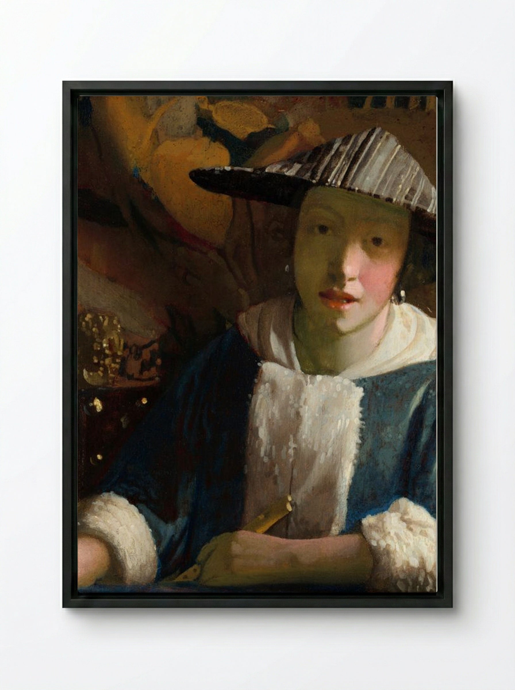Girl with a Flute - Johannes Vermeer - Framed Canvas Black