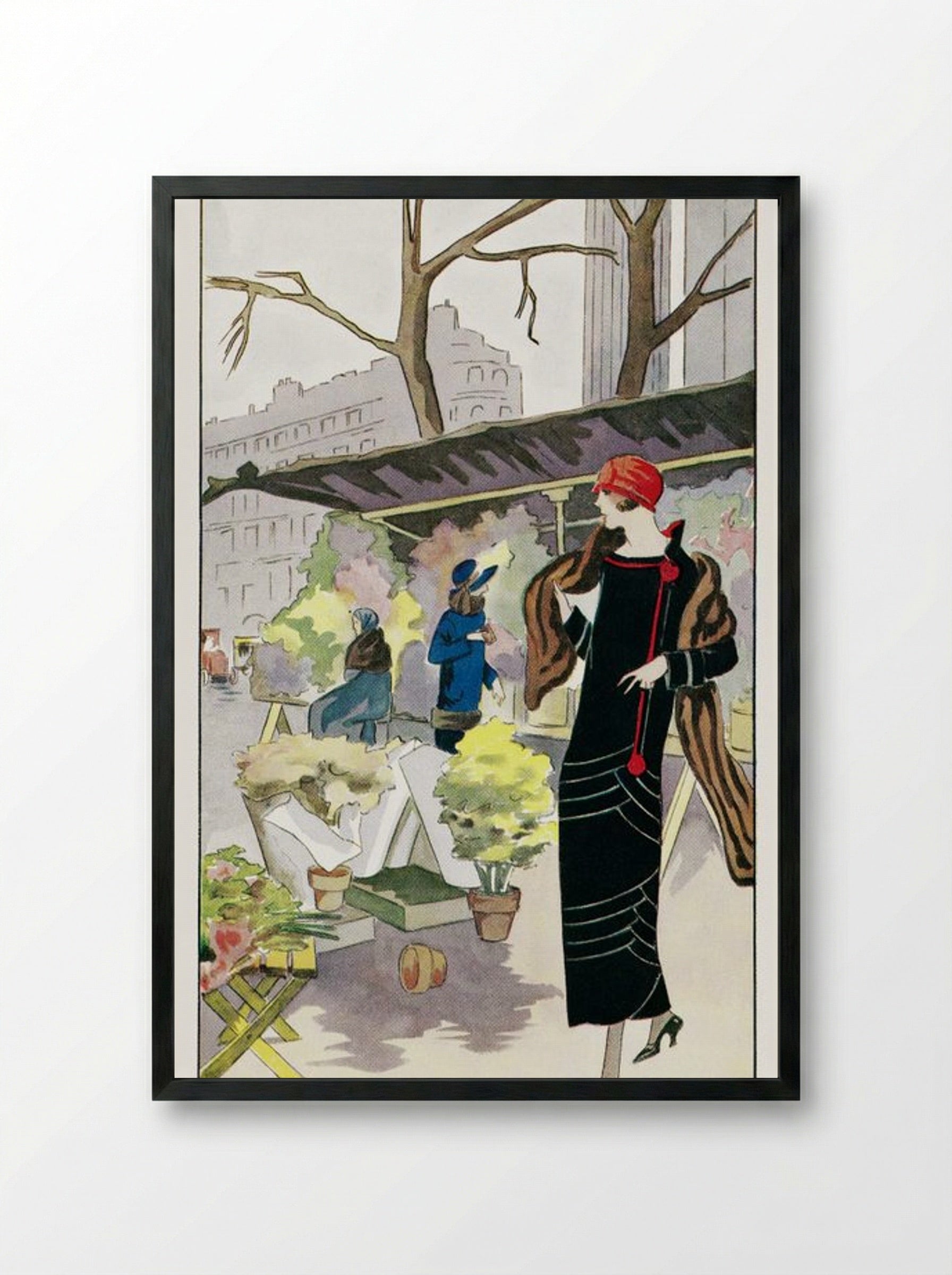 Woman in a Black Velvet Dress at a Flower Stall - Georges Léonnec - Framed Print Black