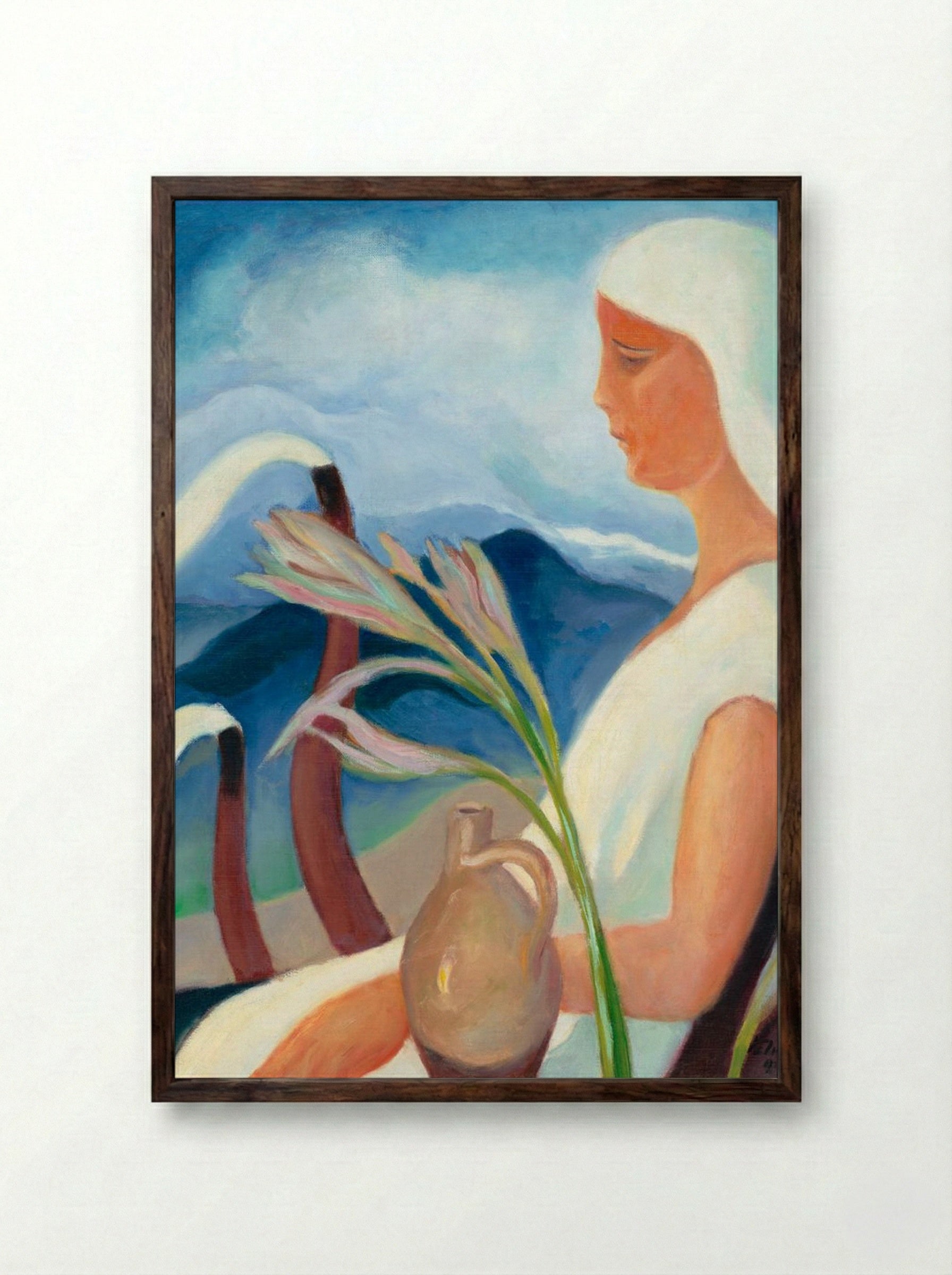 Girl in White with Factory Chimneys and Flowers - Zolo Palugyay - Framed Print Dark Wood