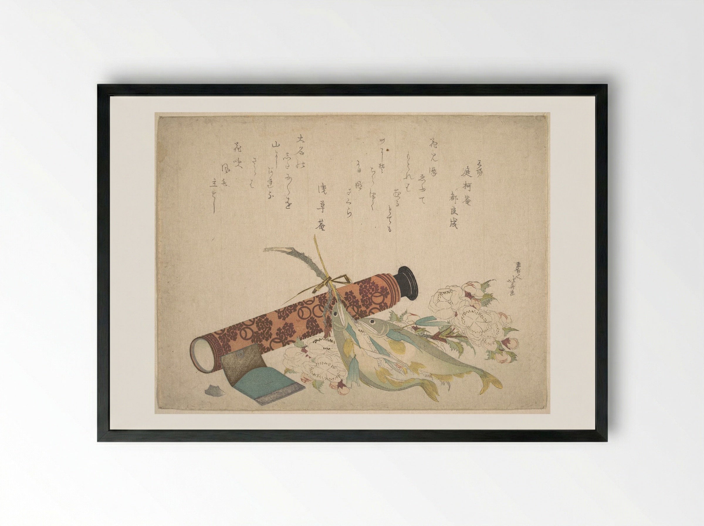 Still Life: Double Cherry-Blossom Branch, Telescope, Sweet Fish, and Tissue Case - Katsushika Hokusai - Framed Print Black