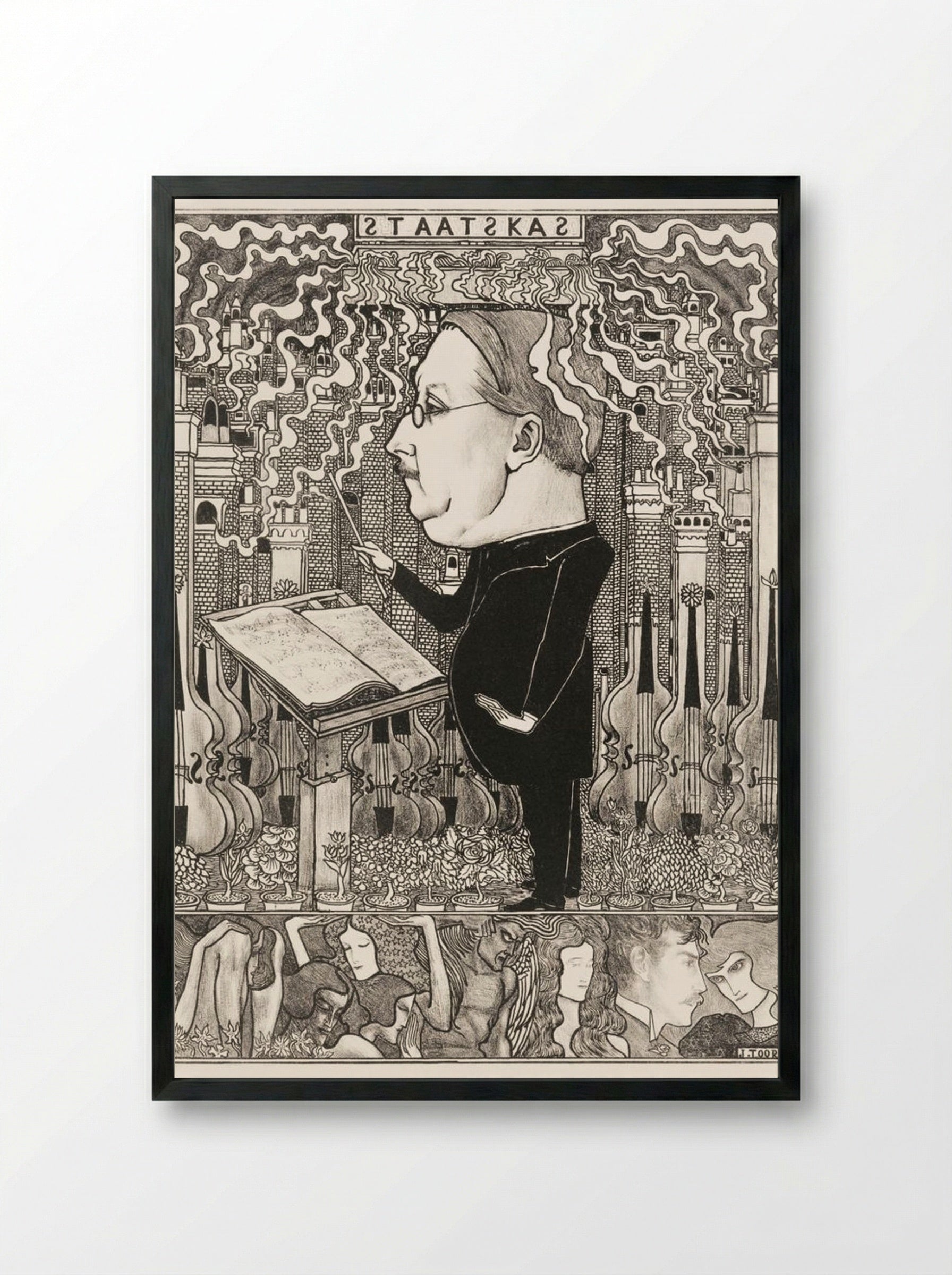 Conductor with Violins and Smoking Chimneys Behind - Jan Toorop - Framed Print Black