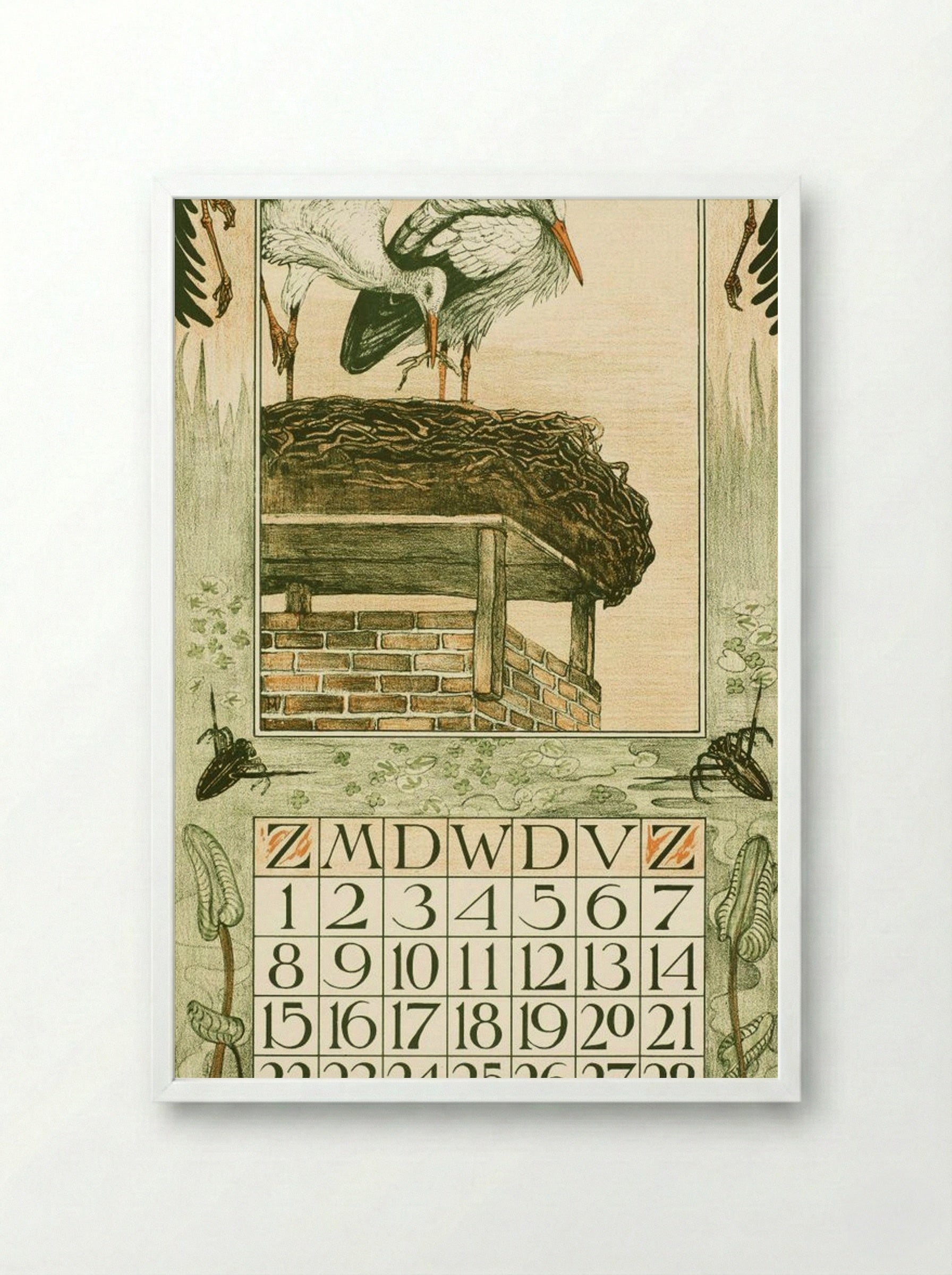 Kalenderblad Maart met Ooievaars - Theo van Hoytema - Framed Print White