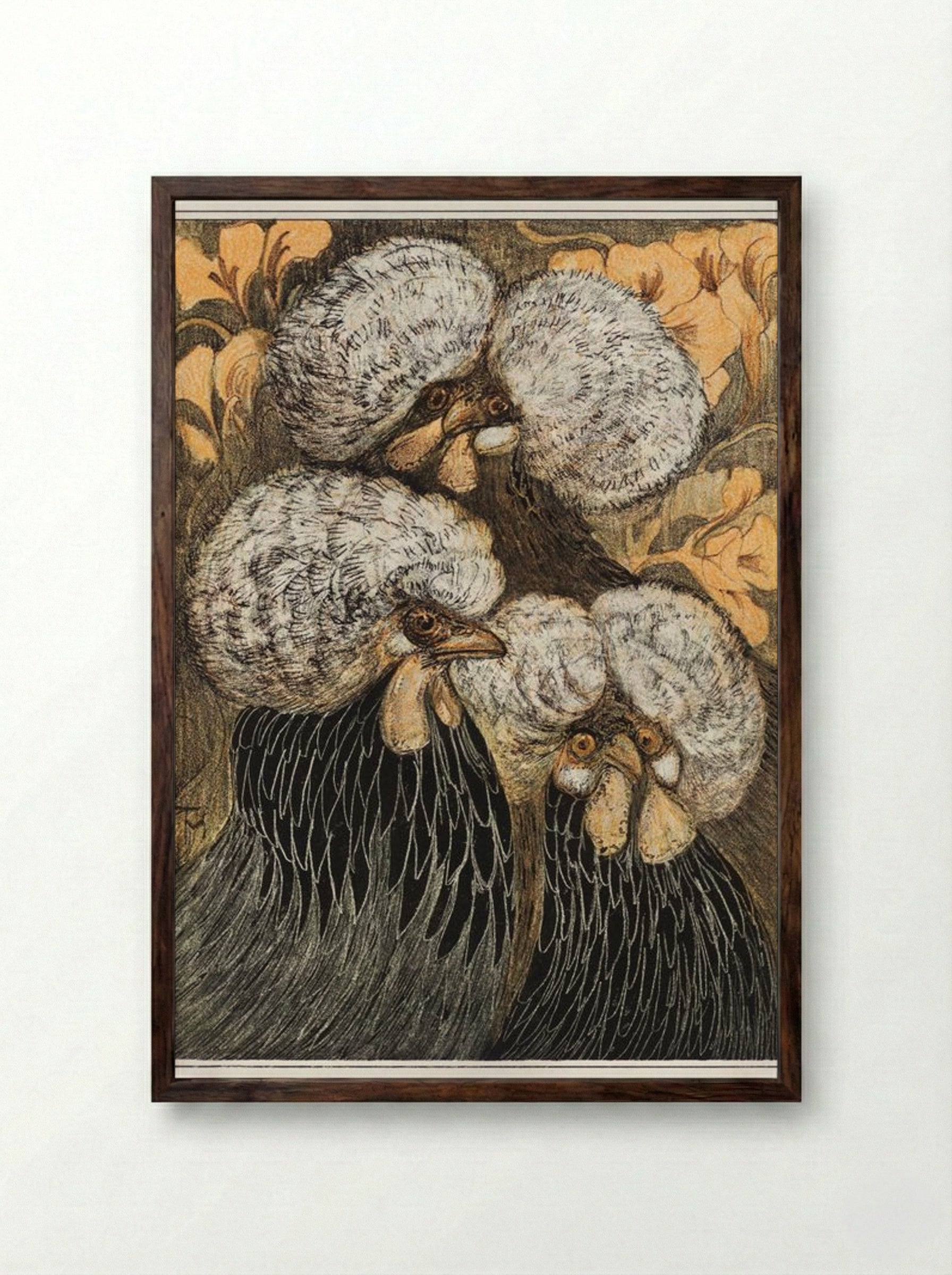 Drie kuifkippen (Three Crested Chickens) - Theo van Hoytema - Framed Print Dark Wood