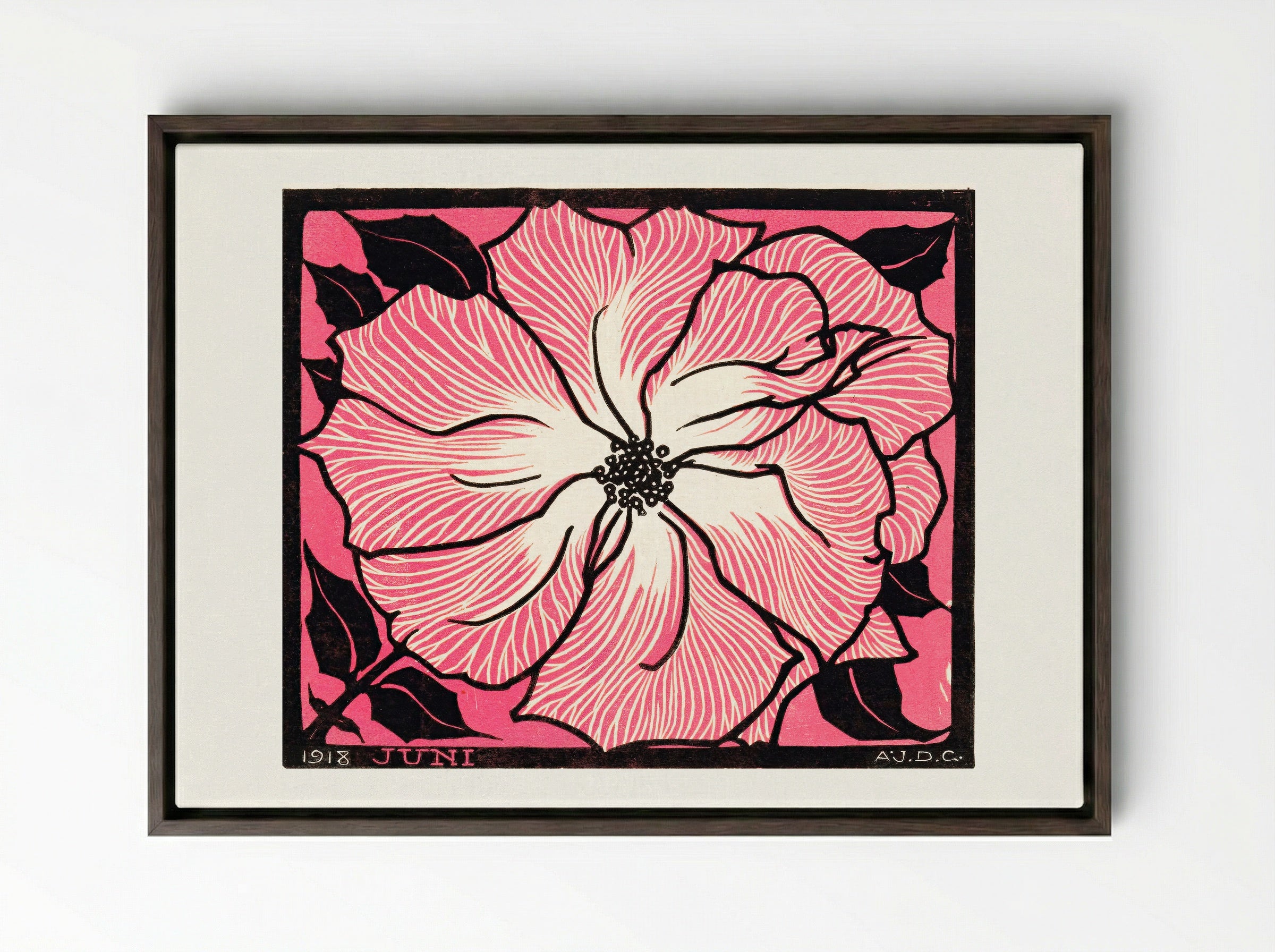 June (Floral Woodcut) - Julie de Graag - Framed Canvas Dark Wood