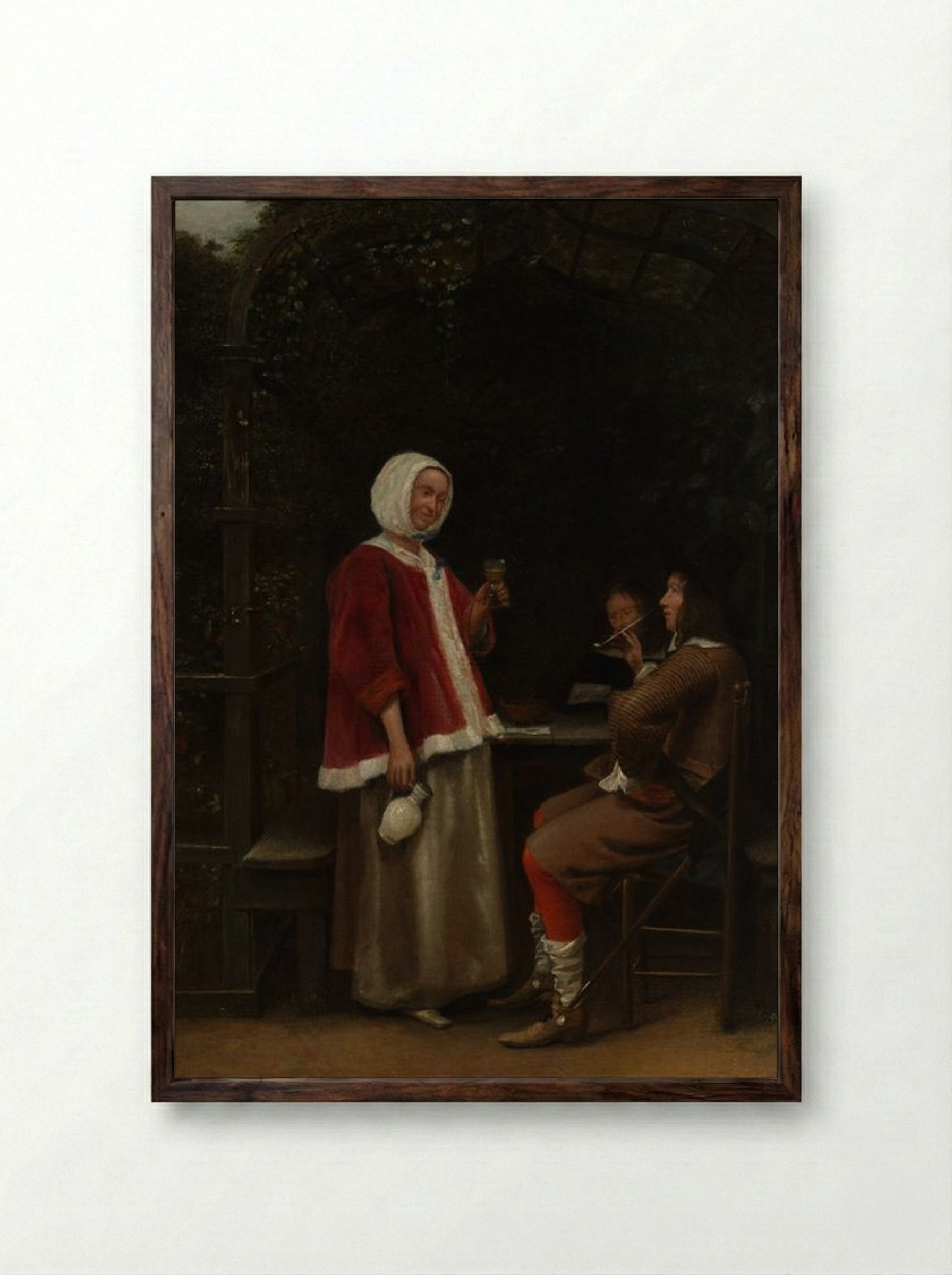 A Woman and Two Men in an Arbor - Pieter de Hooch - Framed Print Dark Wood