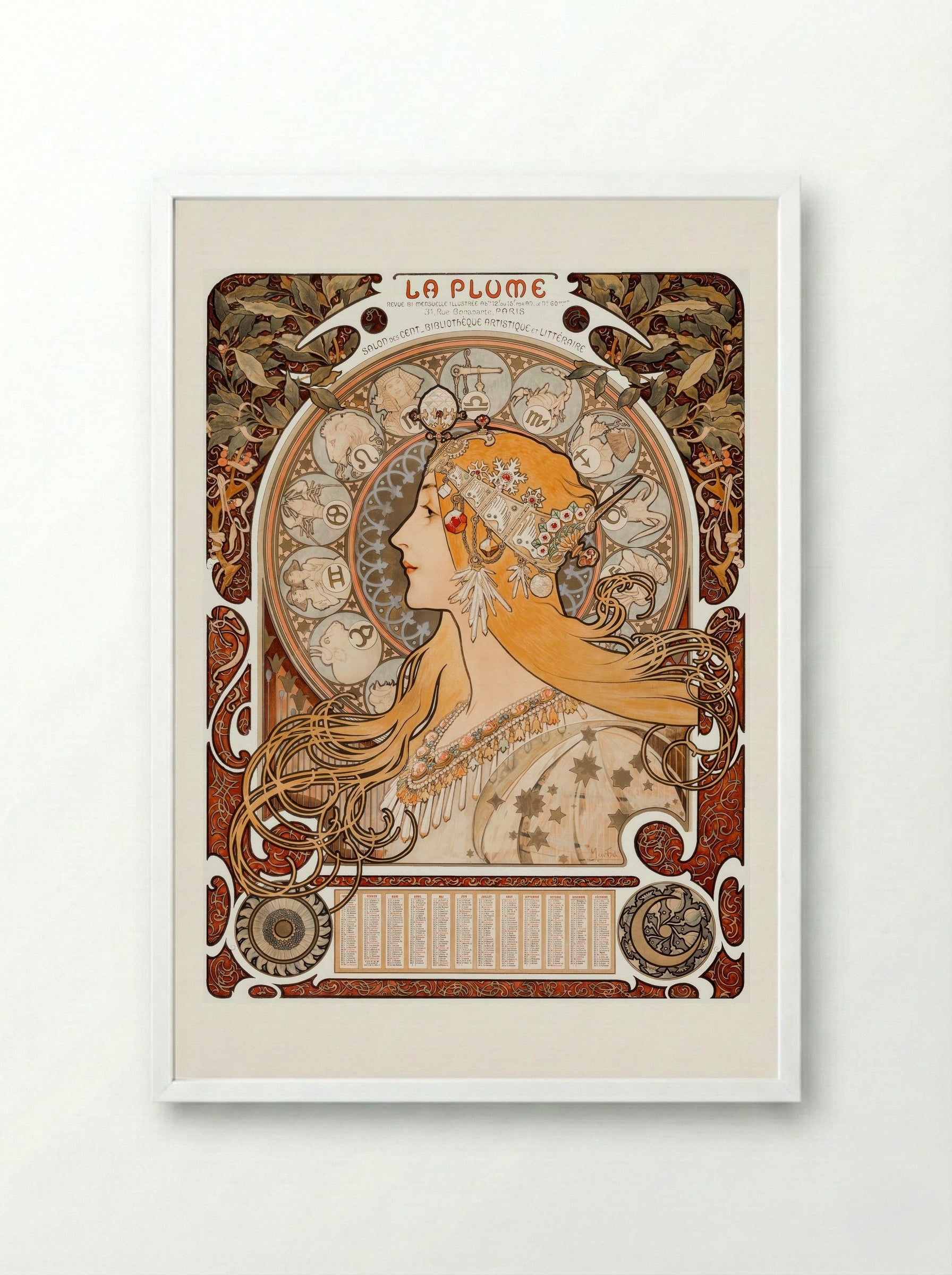 Zodiaque (La Plume) - Alphonse Mucha - Framed Print White