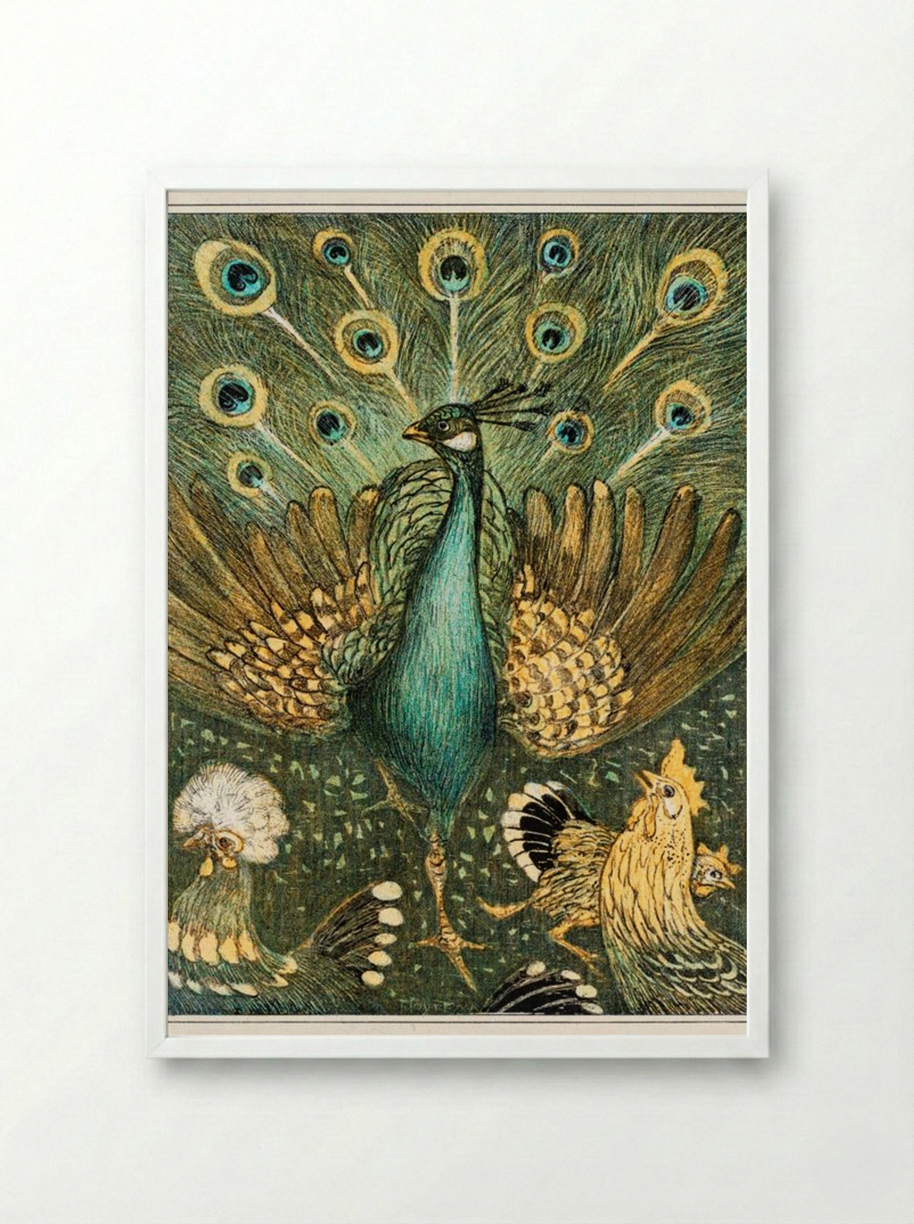 Peacock with Chickens - Theo van Hoytema - Framed Print White