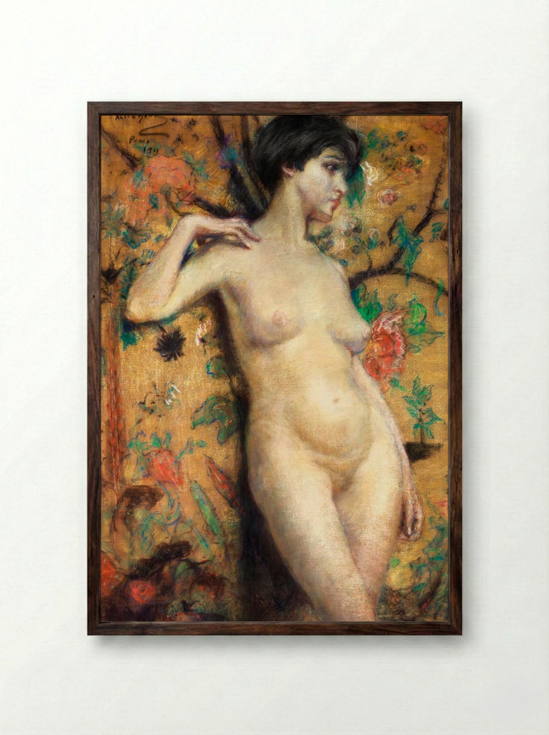 Nude against Screen - Alice Pike Barney - Framed Print Dark Wood