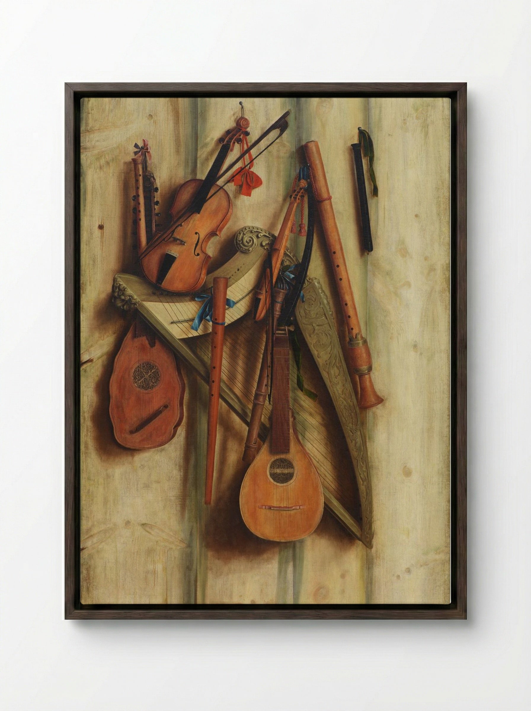 Board Wall with Musical Instruments (Trompe l'Oeil) - Franciscus Gijsbrechts - Framed Canvas Dark Wood