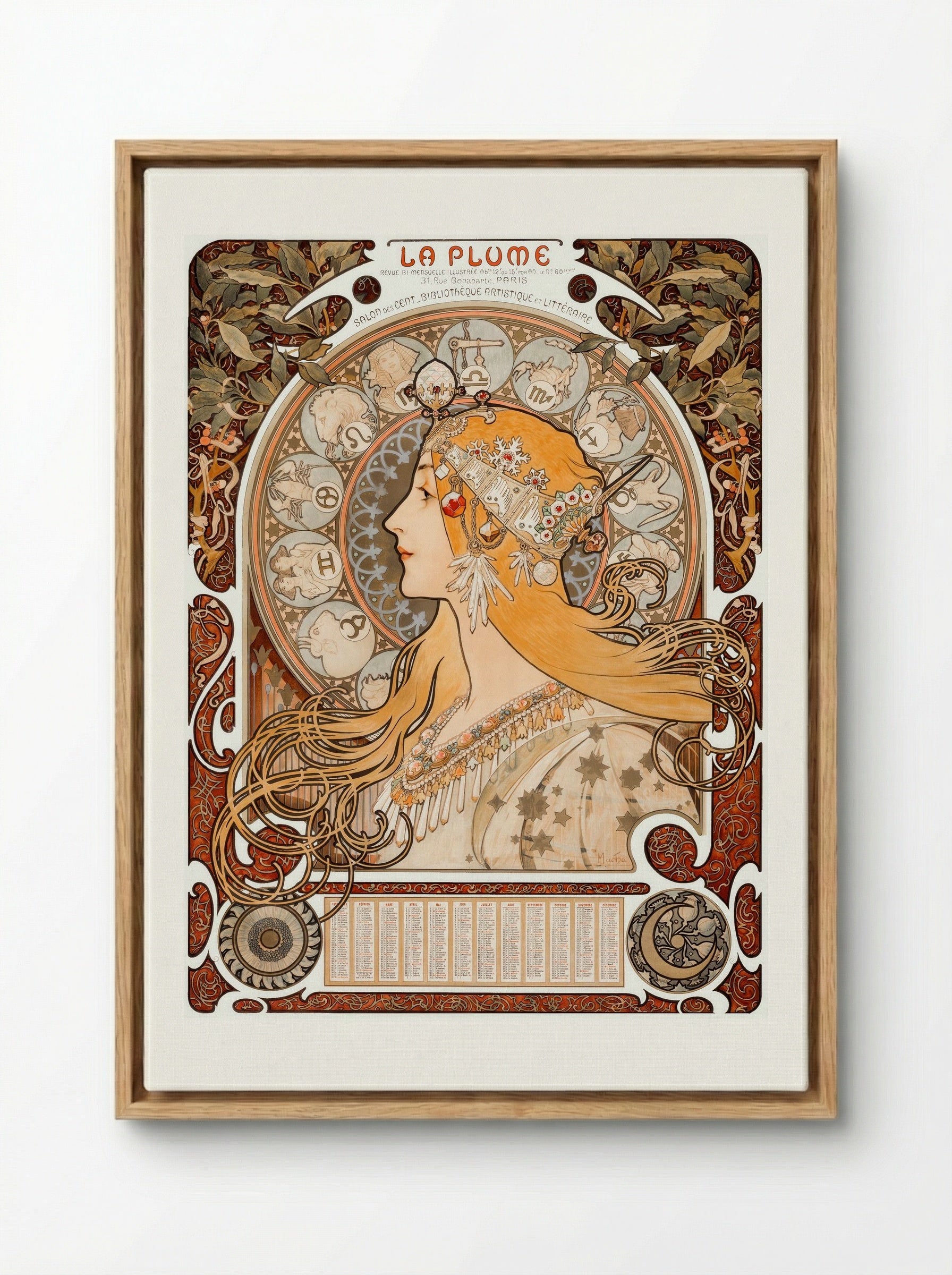 Zodiaque (La Plume) - Alphonse Mucha - Framed Canvas Wood