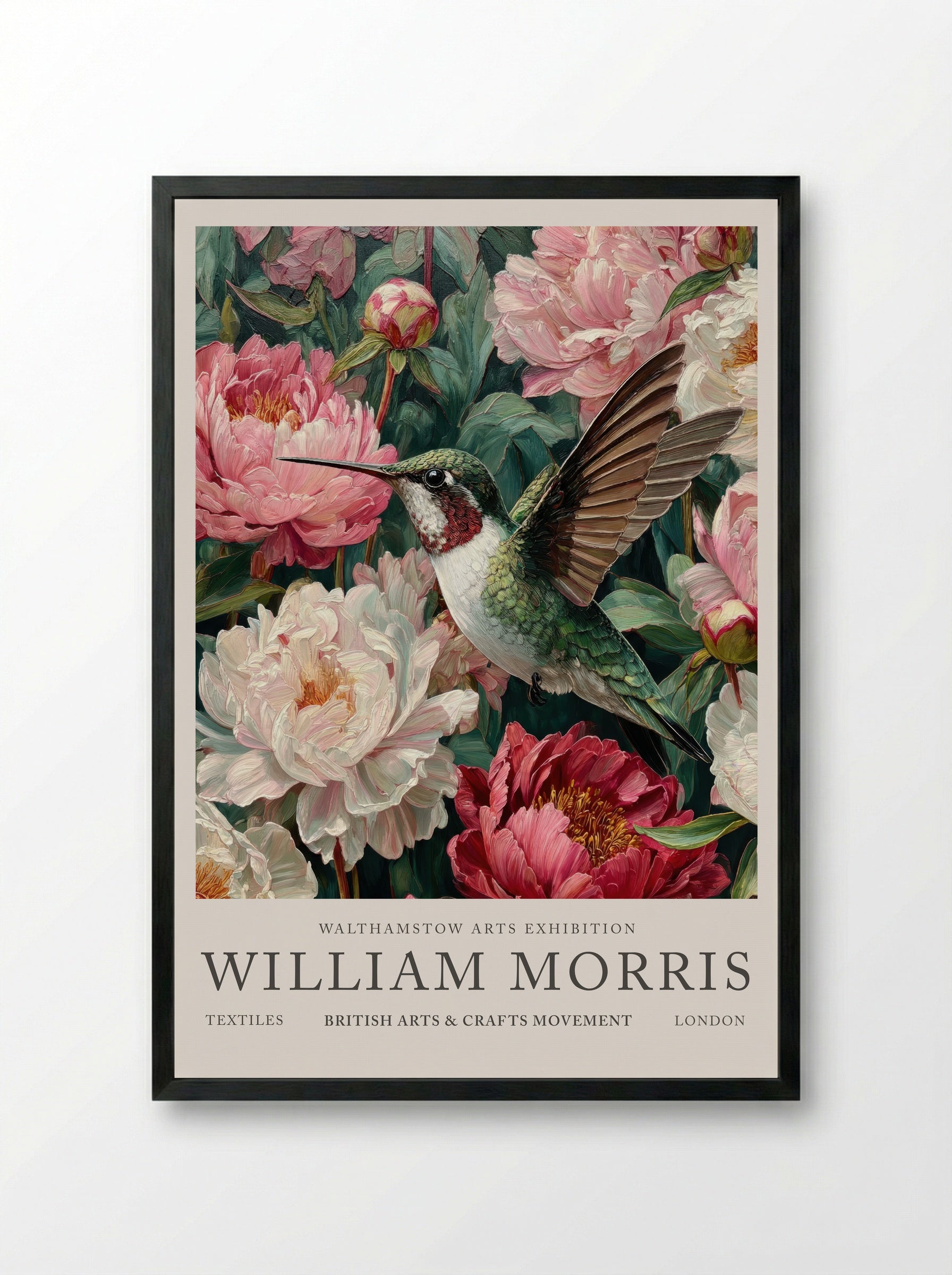 Peony Hummingbird Flight - William Morris - Framed Print Black
