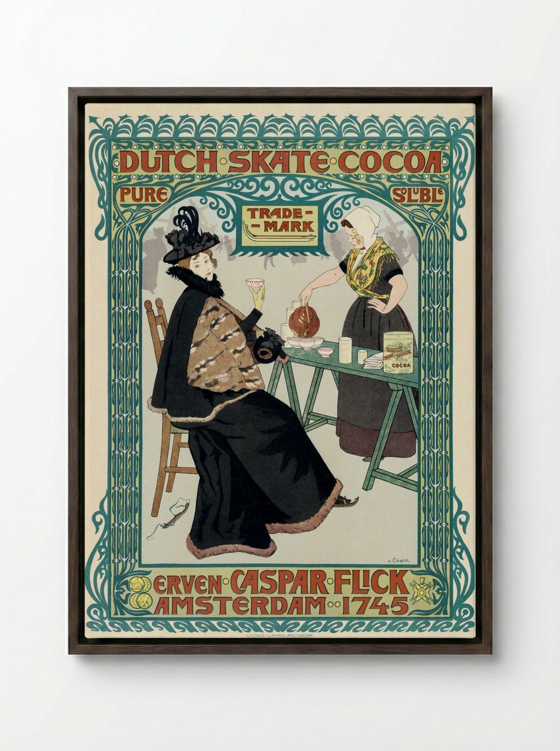 Dutch Skate Cocoa Advertisement - Johann Georg van Caspel - Framed Canvas Dark Wood