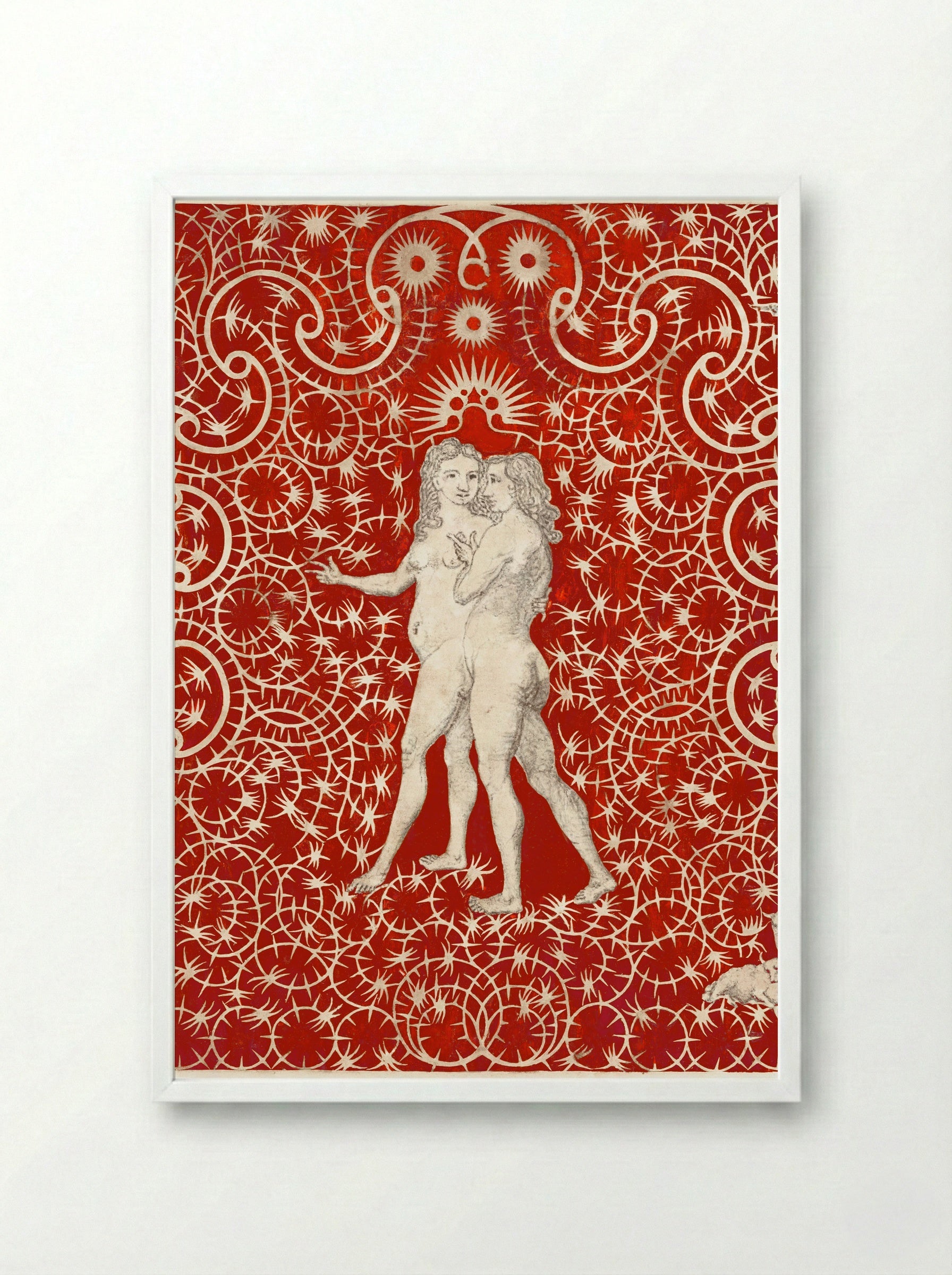 Adam and Eve in the Garden with a Pair of Sheep and a Pair of Doves - British 18th Century - Framed Print White