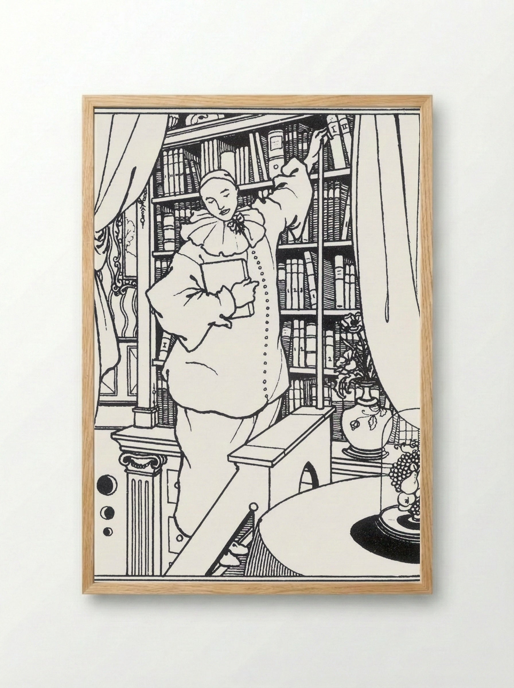 Pierrot in a Library - Aubrey Beardsley - Framed Print Wood