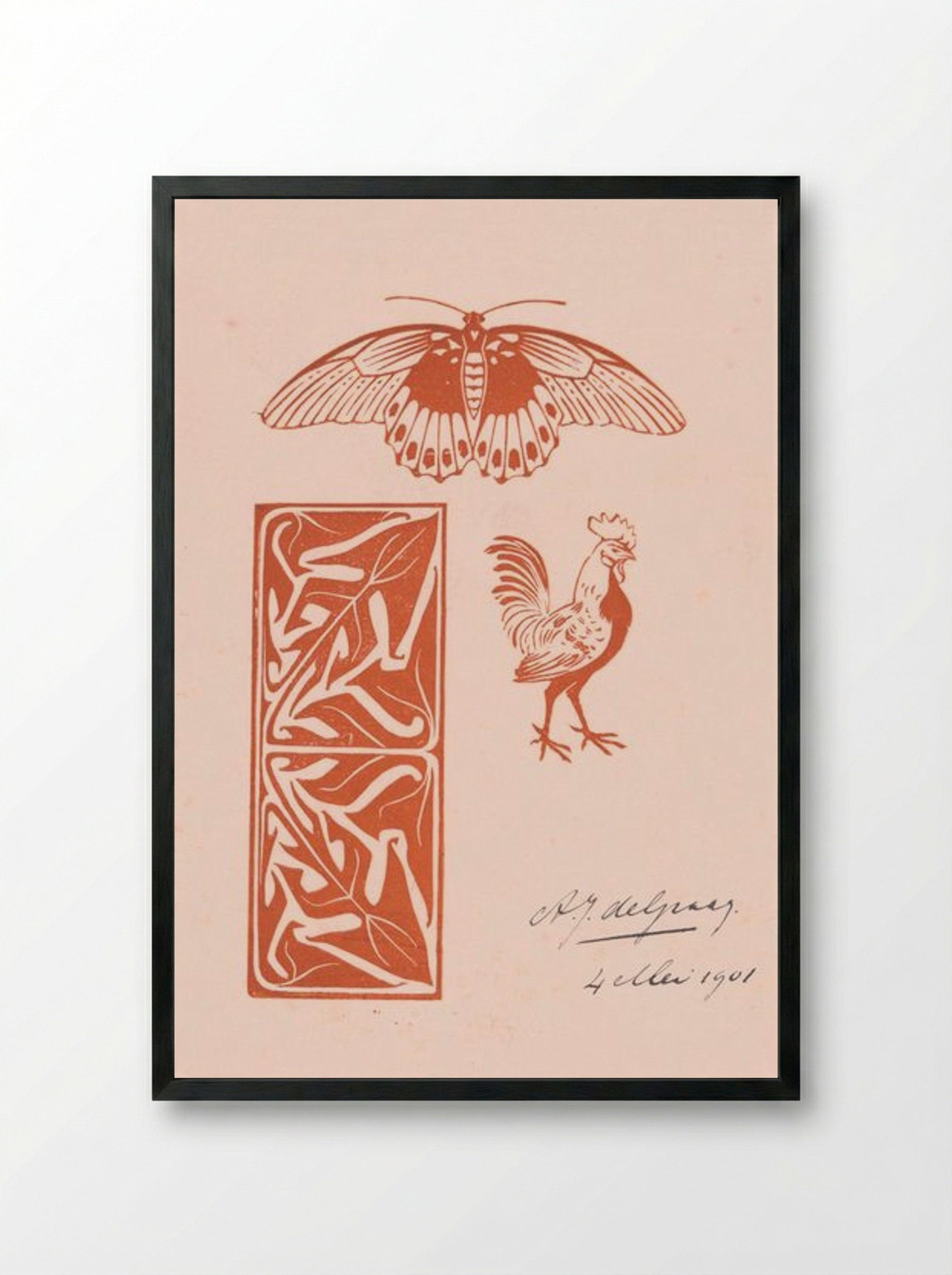 Butterfly, Rooster and Leaf Ornament - Julie de Graag - Framed Print Black