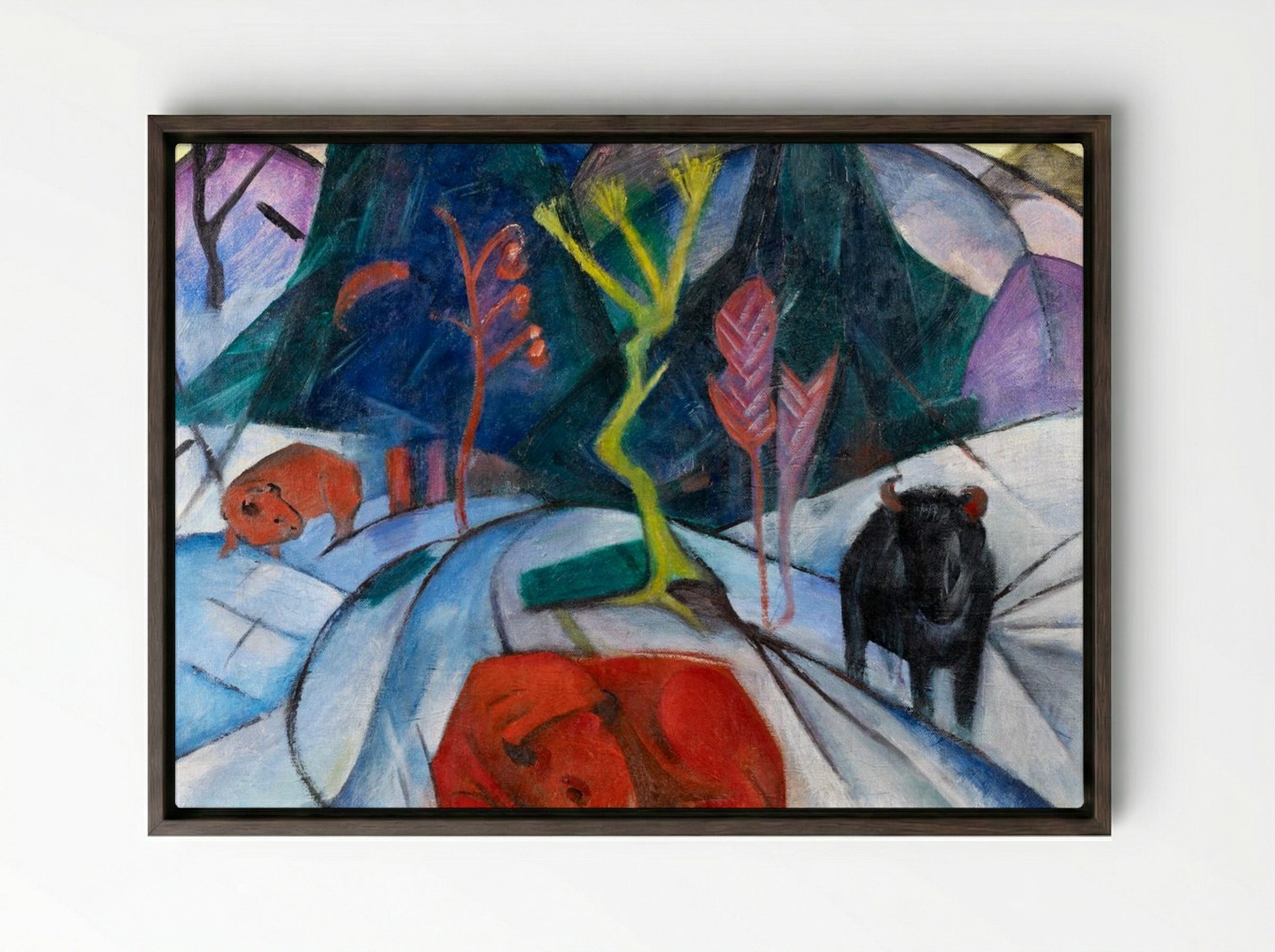 Bison in Winter (Red Bison) - Franz Marc - Framed Canvas Dark Wood