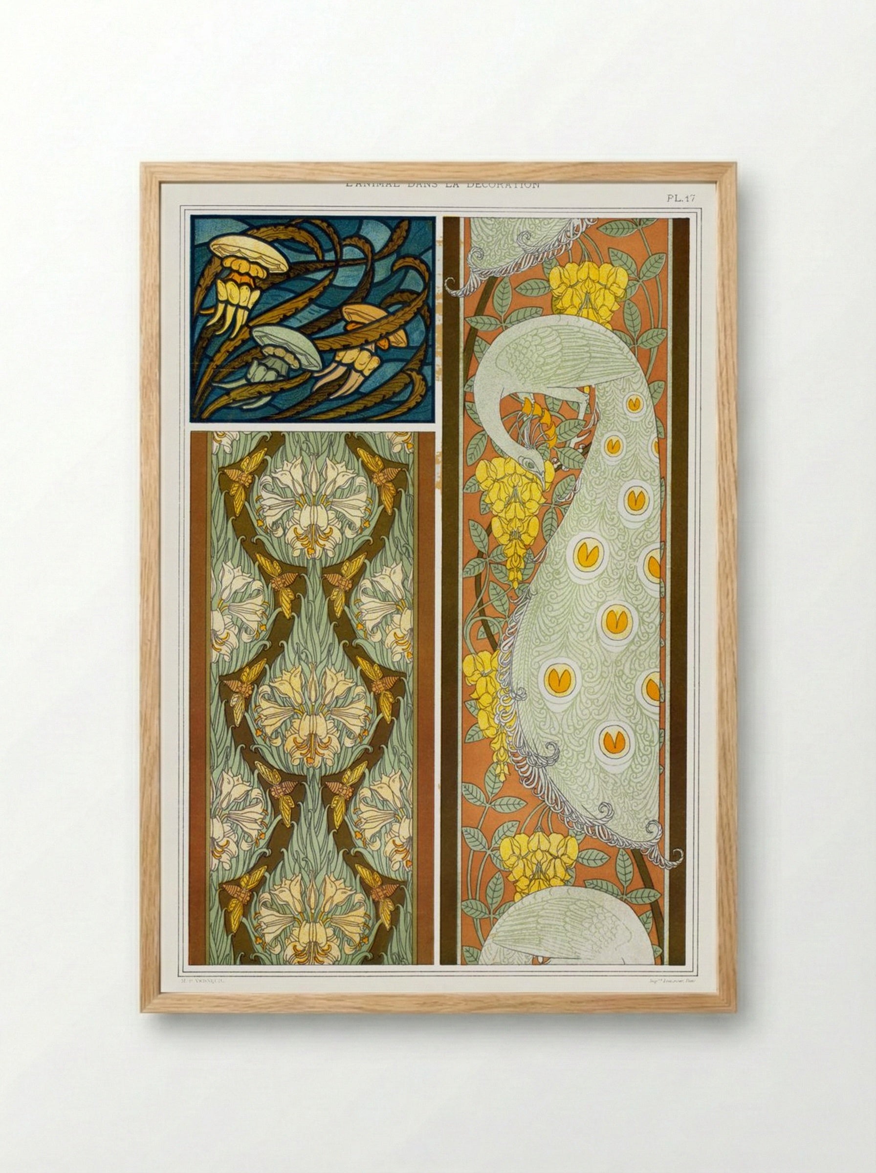 Meduses et Algues, Vitrail. Cigales et Lis, Paons et Cytise, Bordures (Plate 17 from L'animal dans la décoration) - Maurice Pillard Verneuil - Framed Print Wood