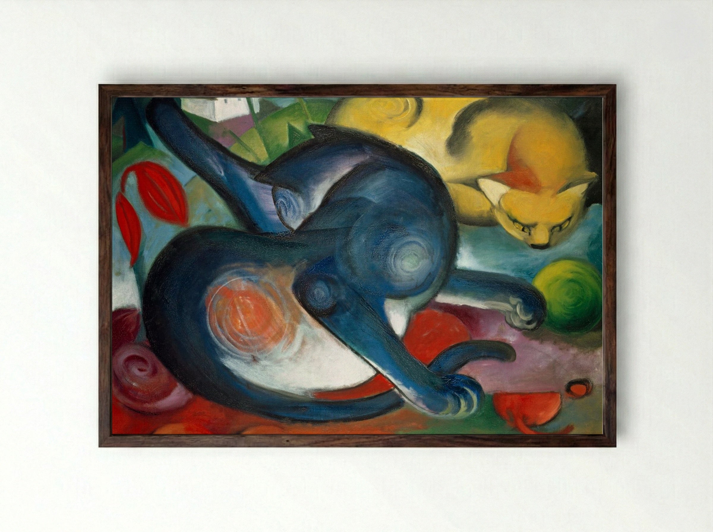 Two Cats, Blue and Yellow - Franz Marc - Framed Print Dark Wood