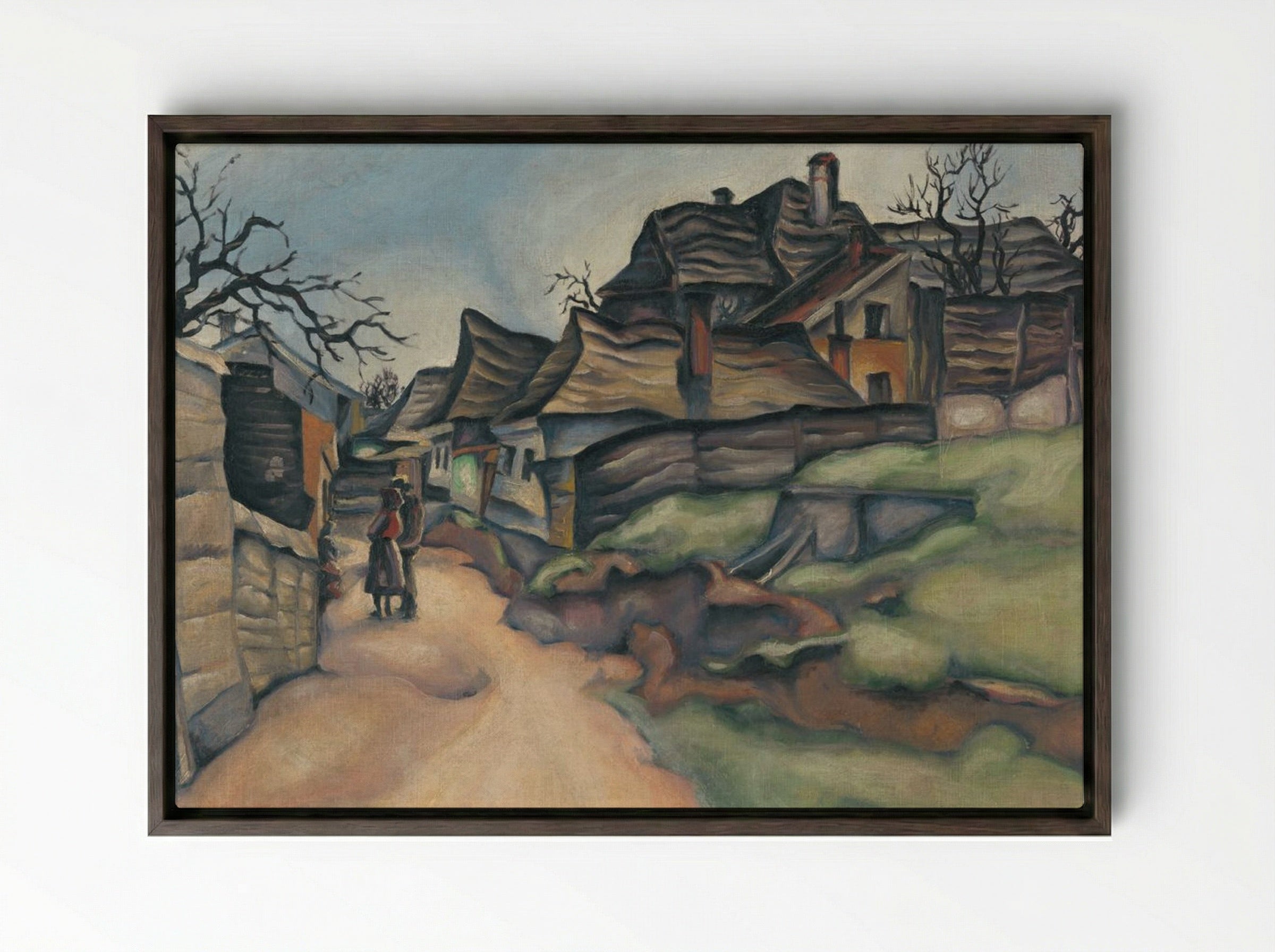 Houses in the Village with Figures - Konstantin Bauer - Framed Canvas Dark Wood