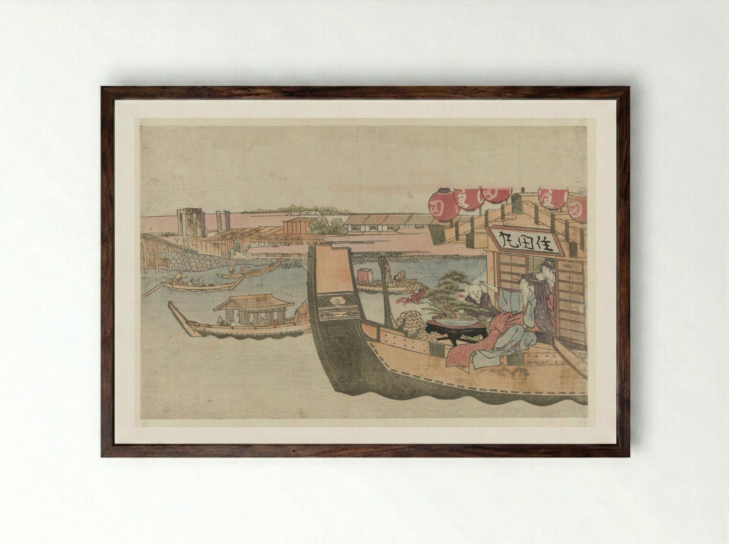 Pleasure Boats on the Sumida River - Katsushika Hokusai - Framed Print Dark Wood