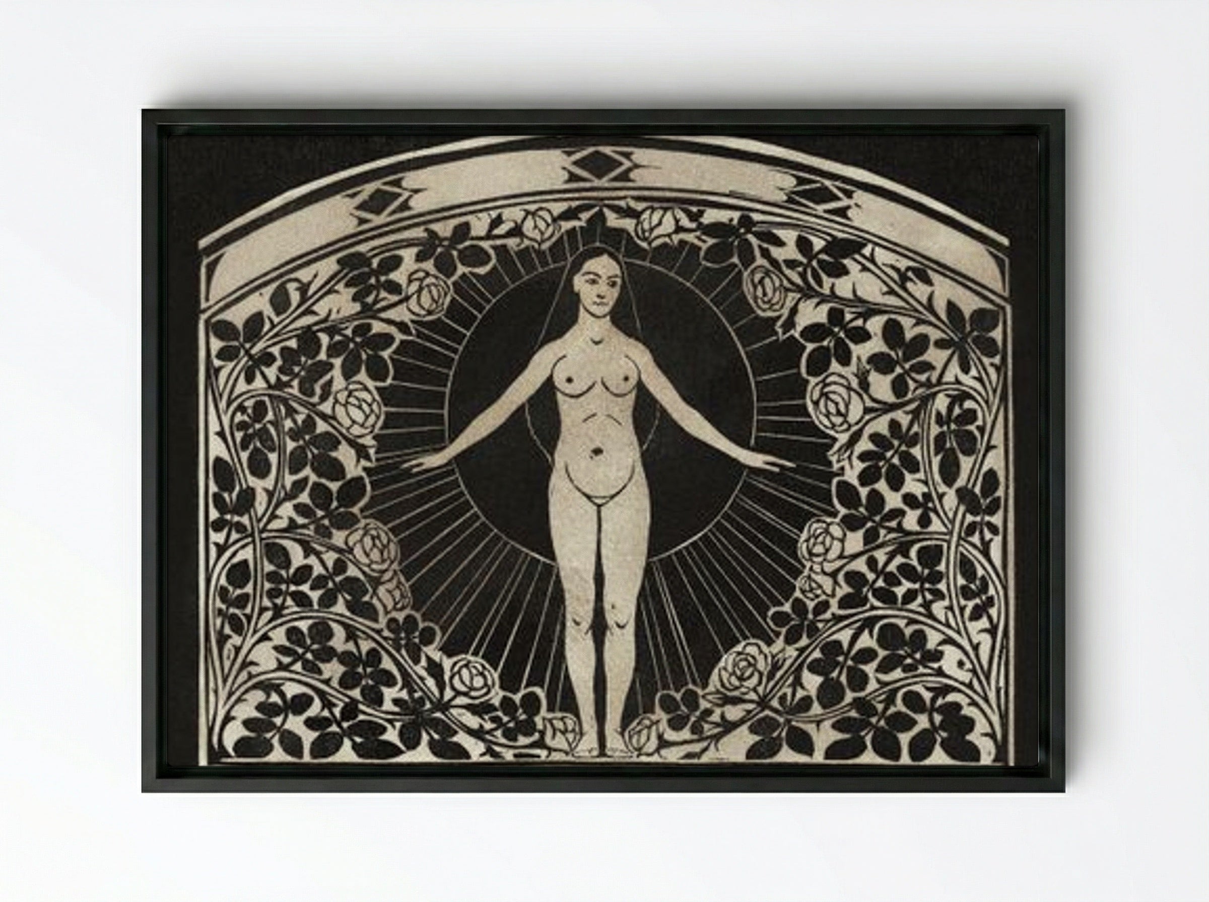 Calendar for 1901 with Women and Flowers - Fine Art Print - Framed Canvas Black