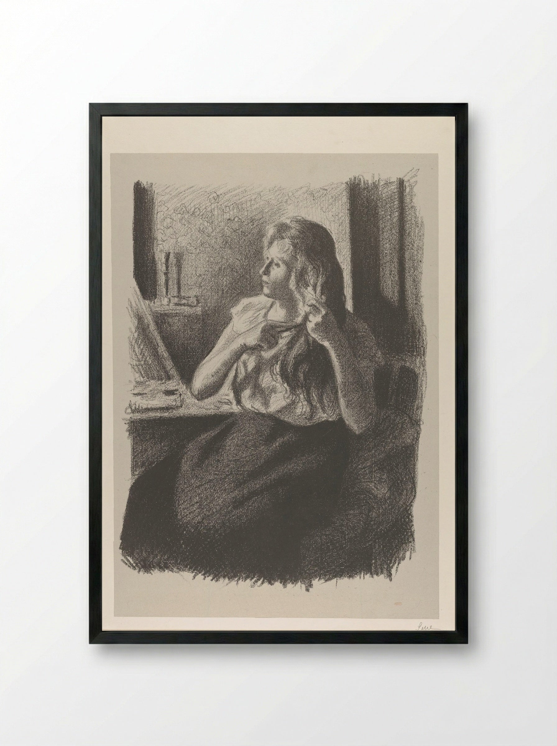 Woman Combing Her Hair - Edgar Degas - Framed Print Black