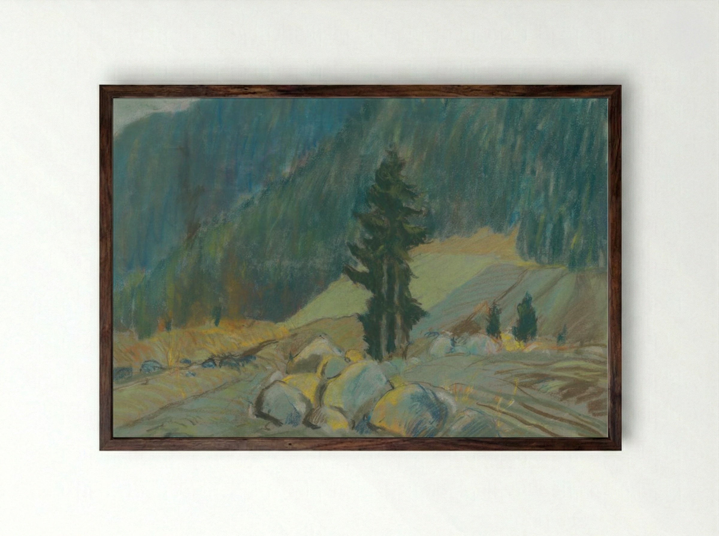 Mountain Brook Between Boulders - Zolo Palugyay - Framed Print Dark Wood