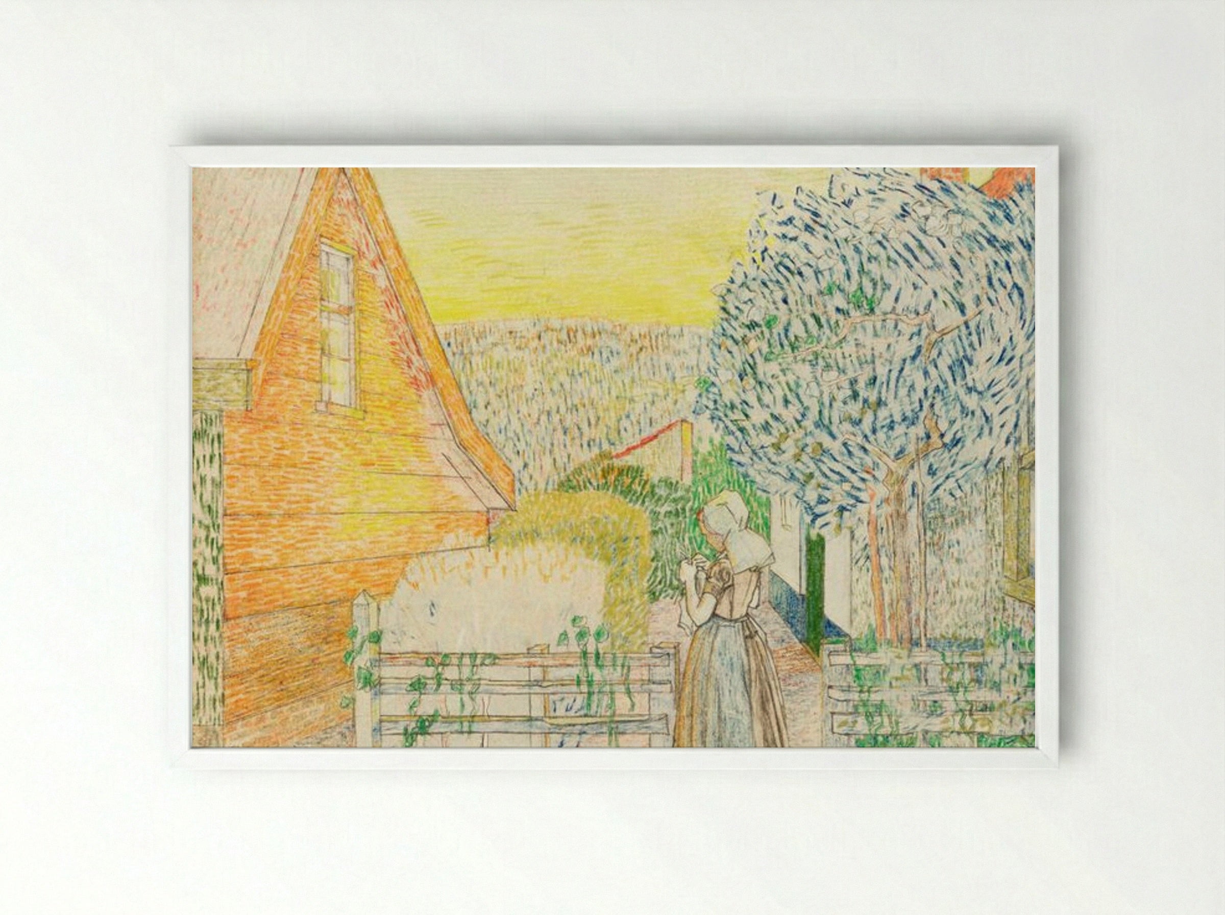 Zeeland Girl Knitting in a Courtyard - Jan Toorop - Framed Print White