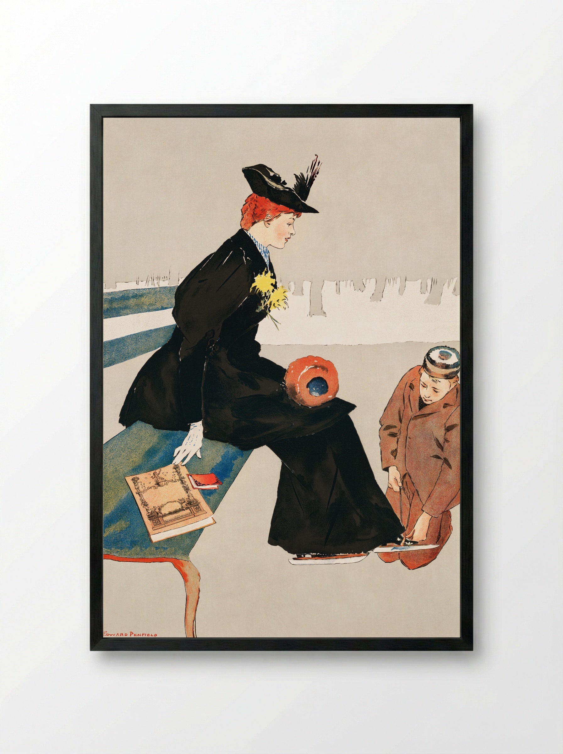 Woman Sitting on a Bench - Edward Penfield - Framed Print Black