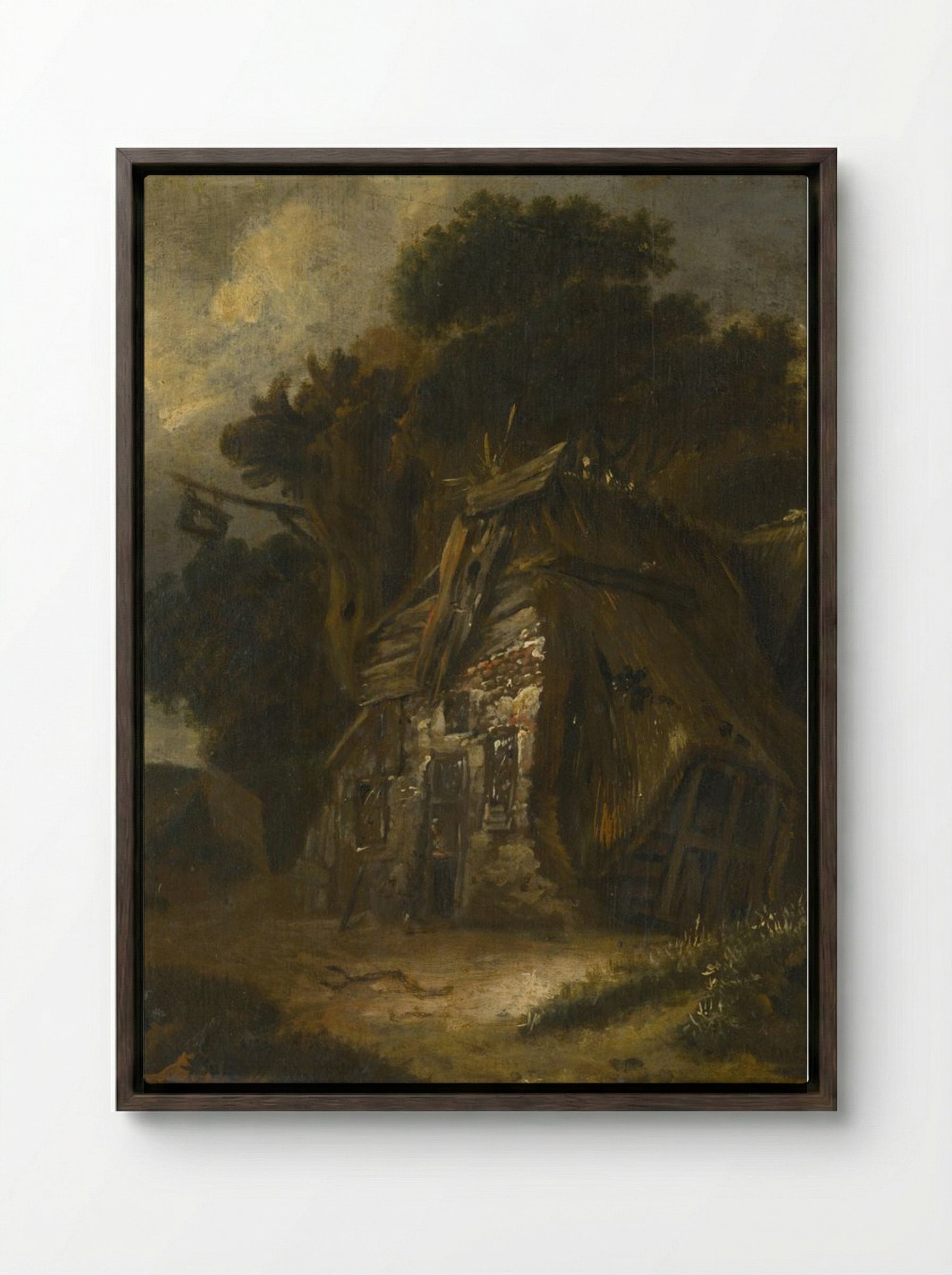 Thatched Hut in Landscape - Fine Art Print - Framed Canvas Dark Wood