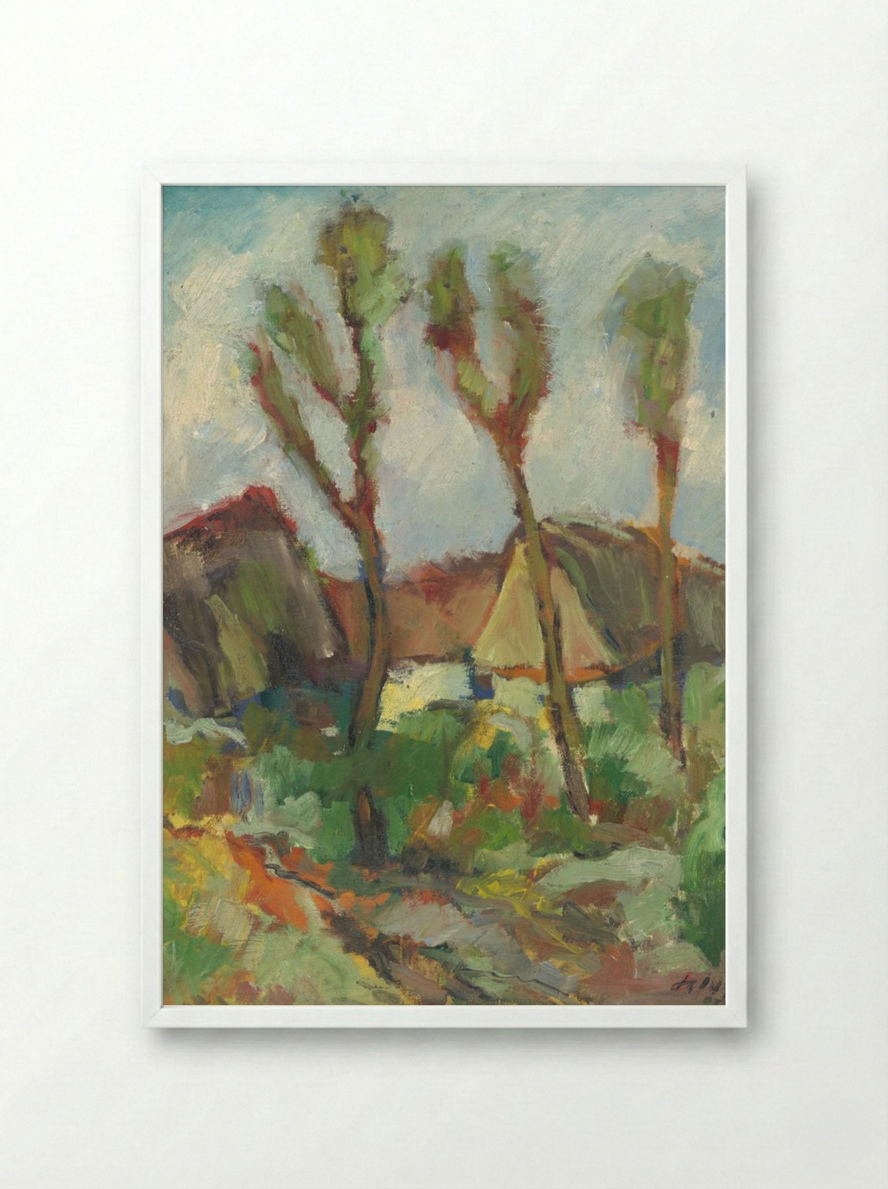 Sketch of a Landscape with Poplars - Zolo Palugyay - Framed Print White