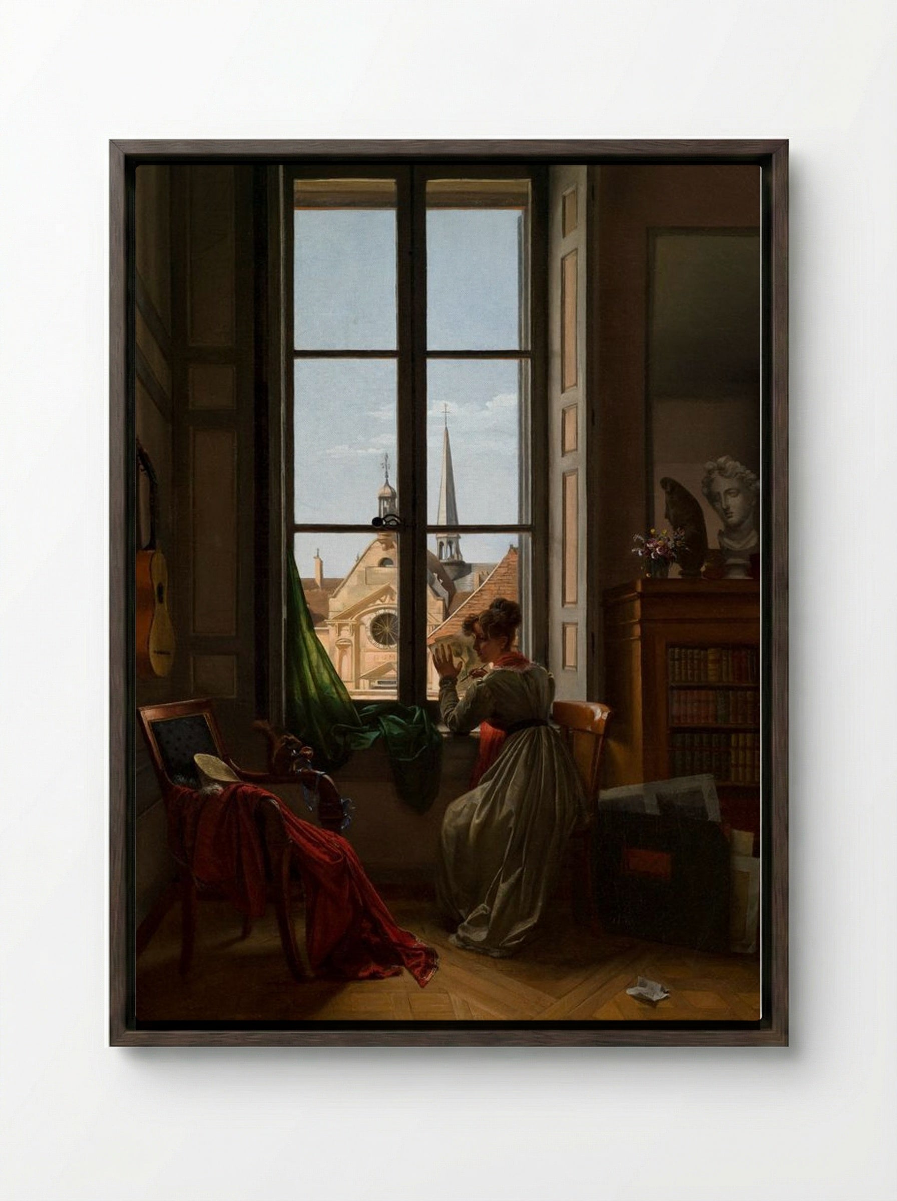 Interior with a Young Woman Drawing - Marie-Denise Villers - Framed Canvas Dark Wood