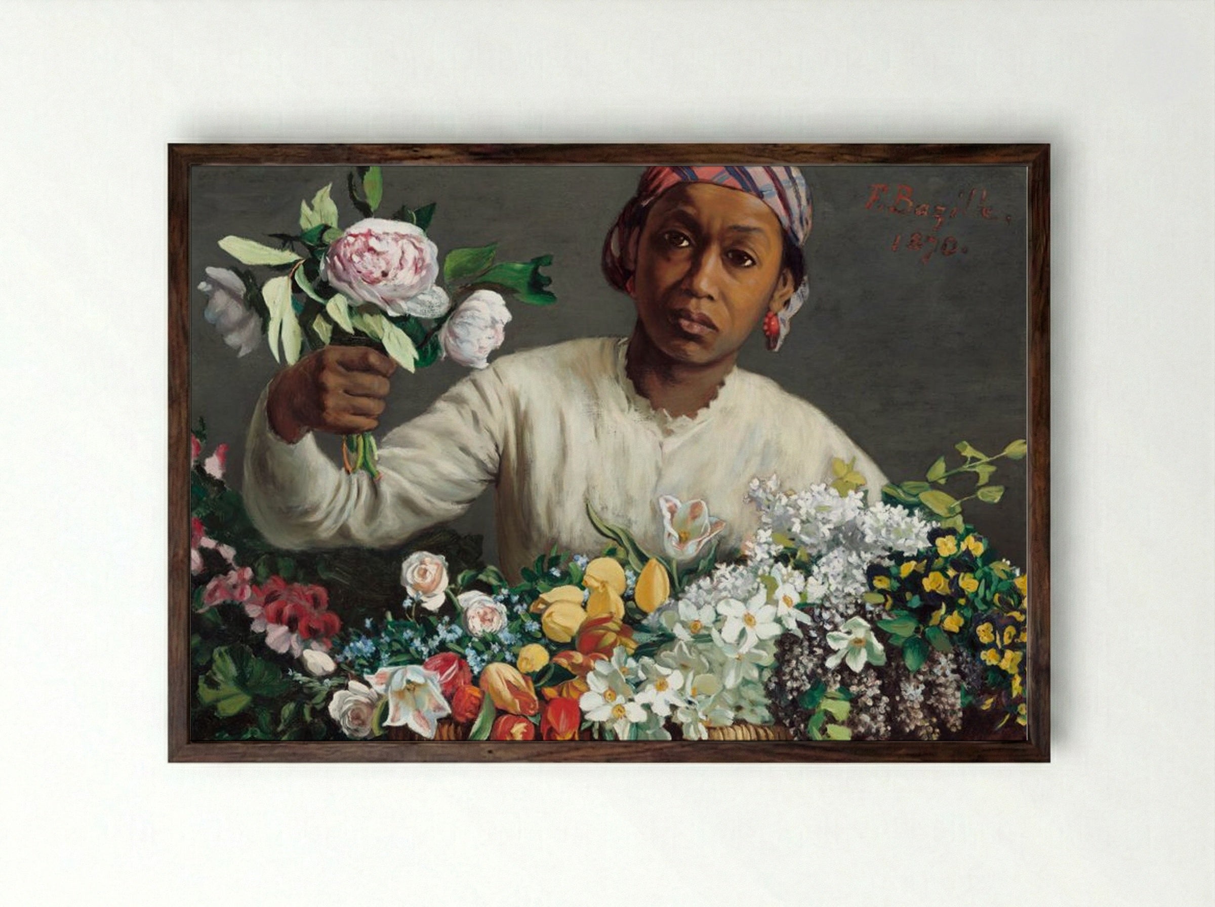 Young Woman with Peonies - Frédéric Bazille - Framed Print Dark Wood