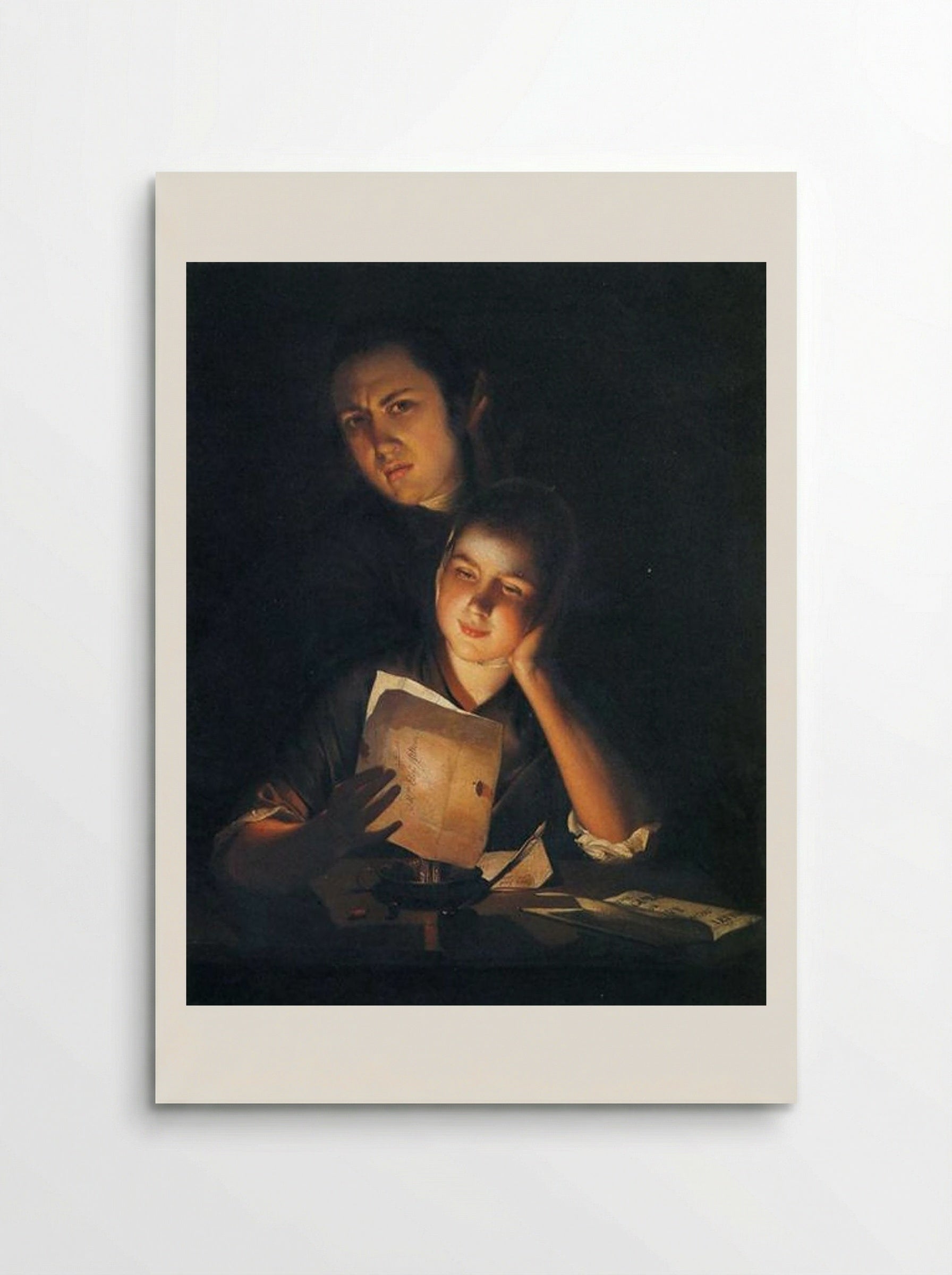 A Girl reading a letter by Candlelight, with a Young Man peering over her shoulder - Joseph Wright - Poster