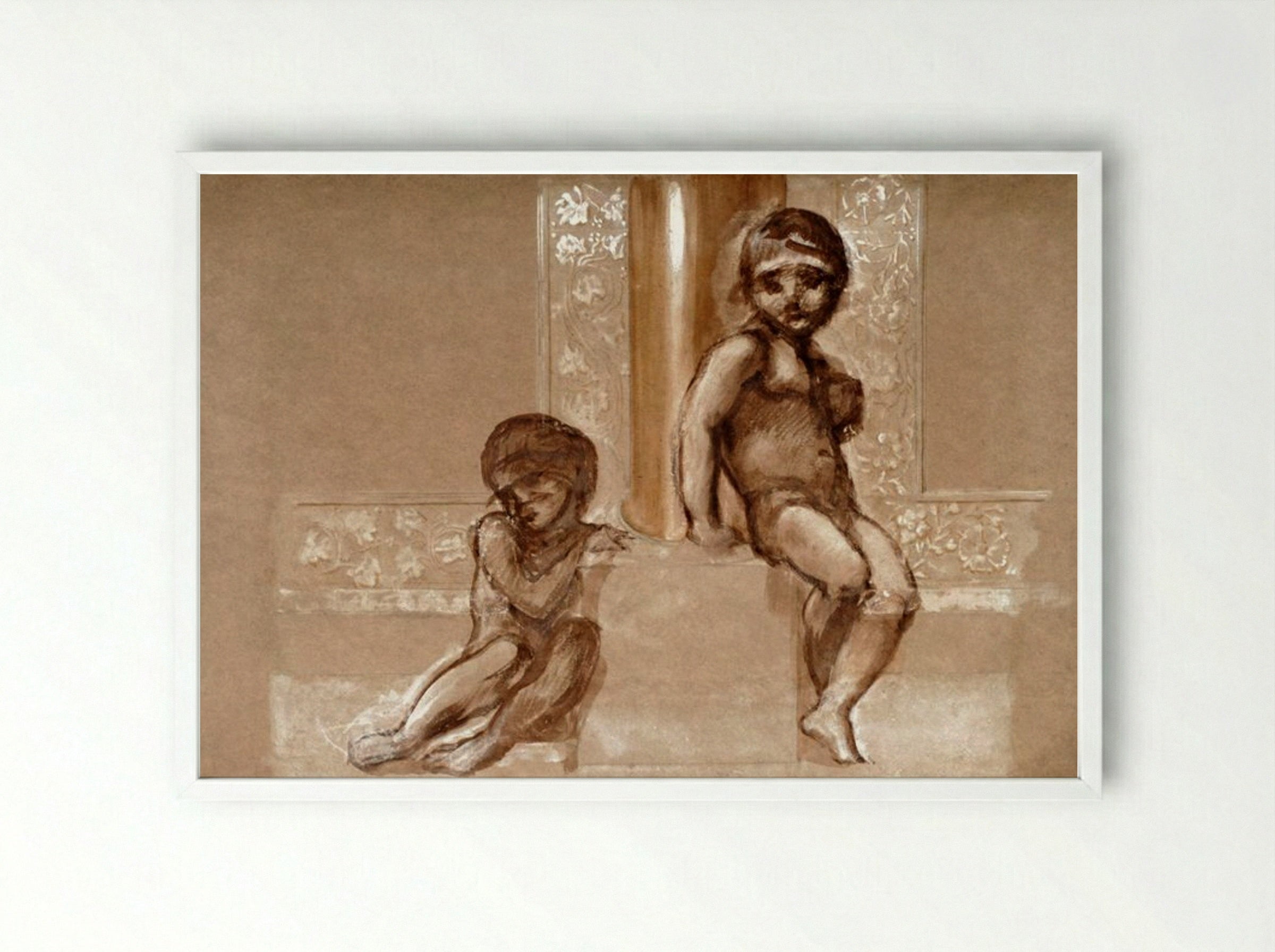 Study of Two Putti for 'The Troy Triptych' - Edward Burne-Jones - Framed Print White