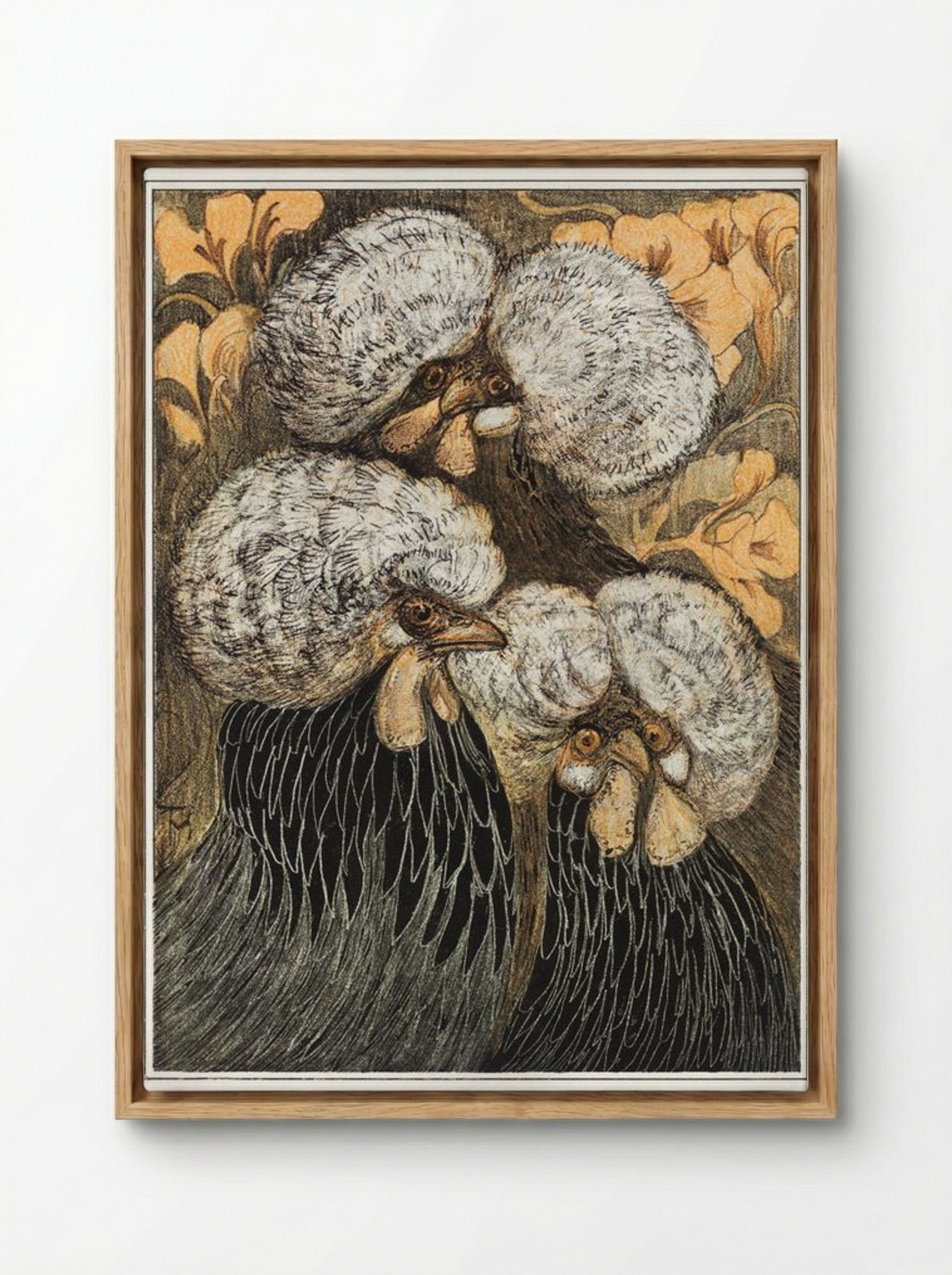 Drie kuifkippen (Three Crested Chickens) - Theo van Hoytema - Framed Canvas Wood