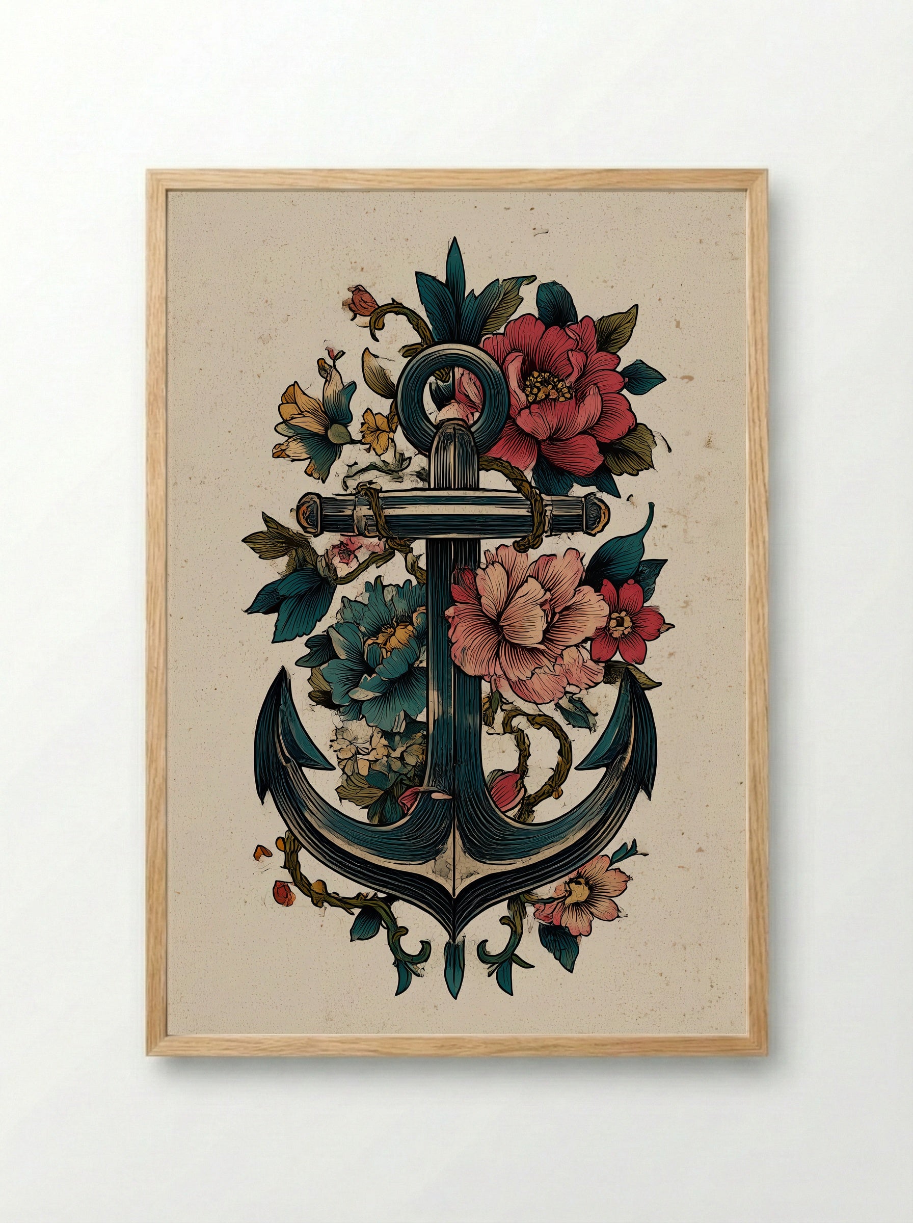 Anchor with Floral Motifs - Vintage Tattoo Inspired Print - Framed Print Wood