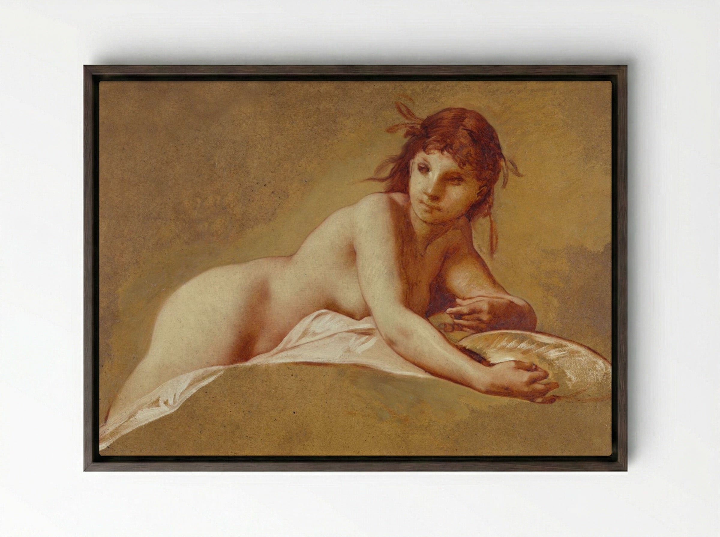 Reclining Nude with Seashell - Pierre-Victor Galland - Framed Canvas Dark Wood