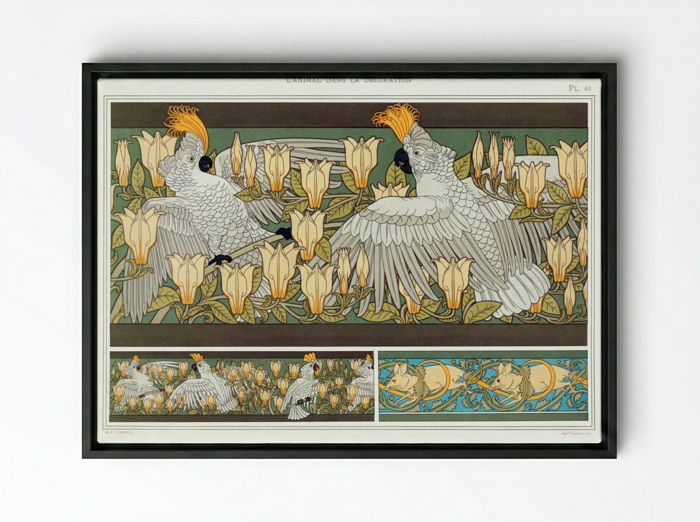 Cacatoès et Magnolia, Bordure; Souris Blanches - Maurice Pillard Verneuil - Framed Canvas Black