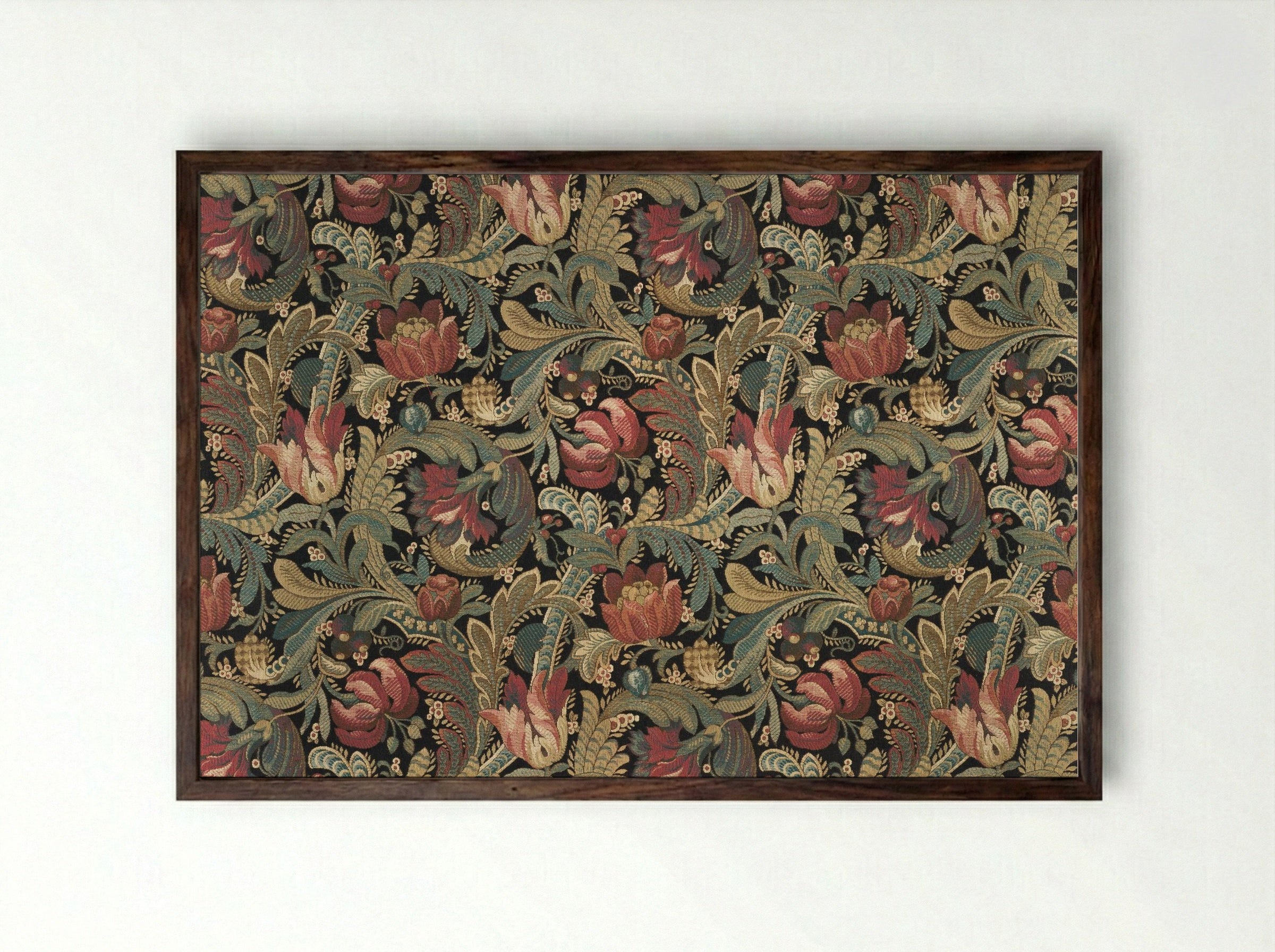 Floral Pattern with Tulips and Foliage - Fine Art Print - Framed Print Dark Wood