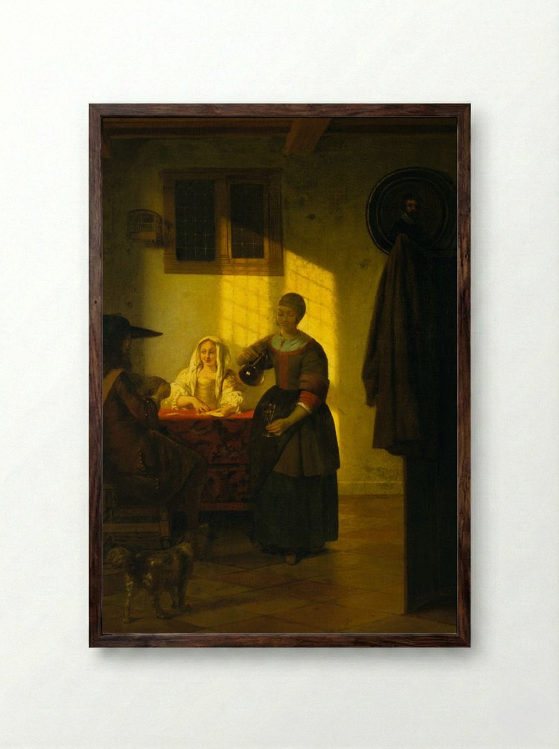 A Couple Playing Cards, with a Serving Woman - Pieter de Hooch - Framed Print Dark Wood