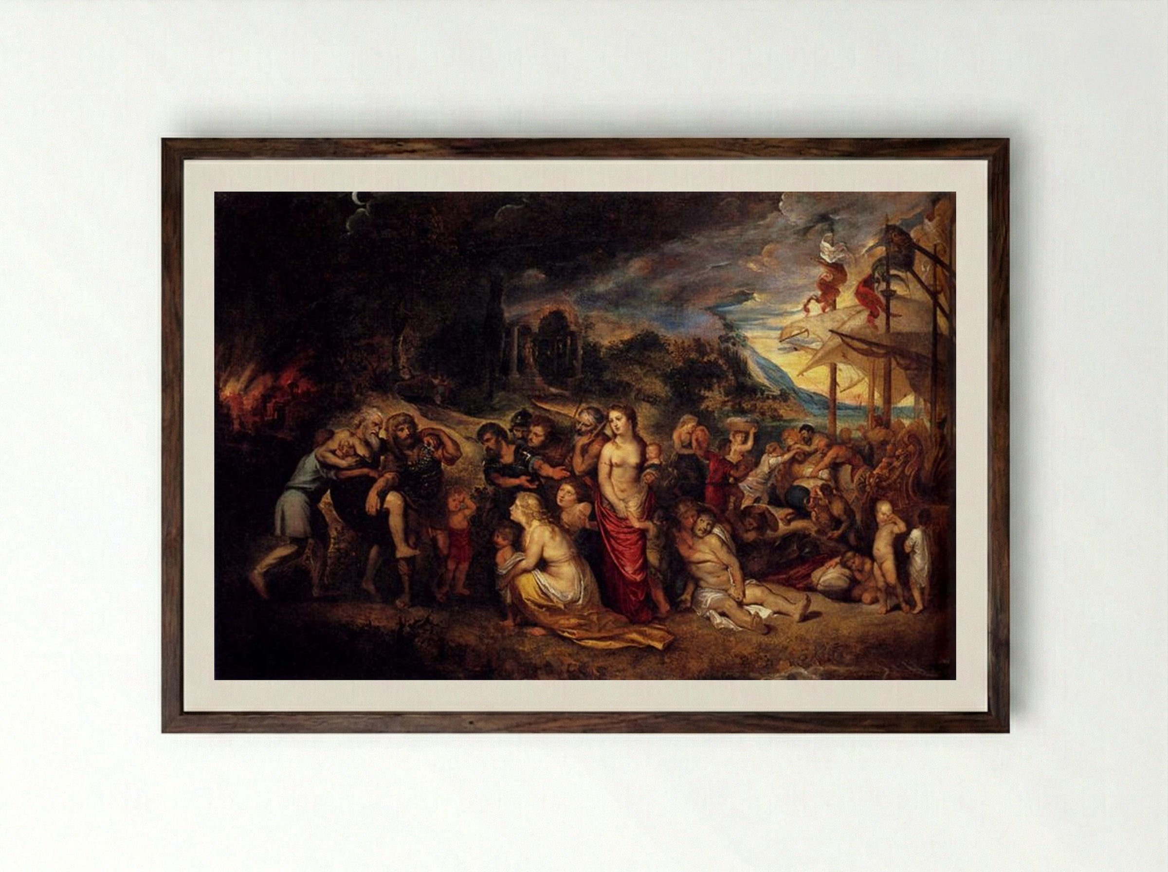 Aeneas And His Family Departing From Troy - Peter Paul Rubens - Framed Print Dark Wood