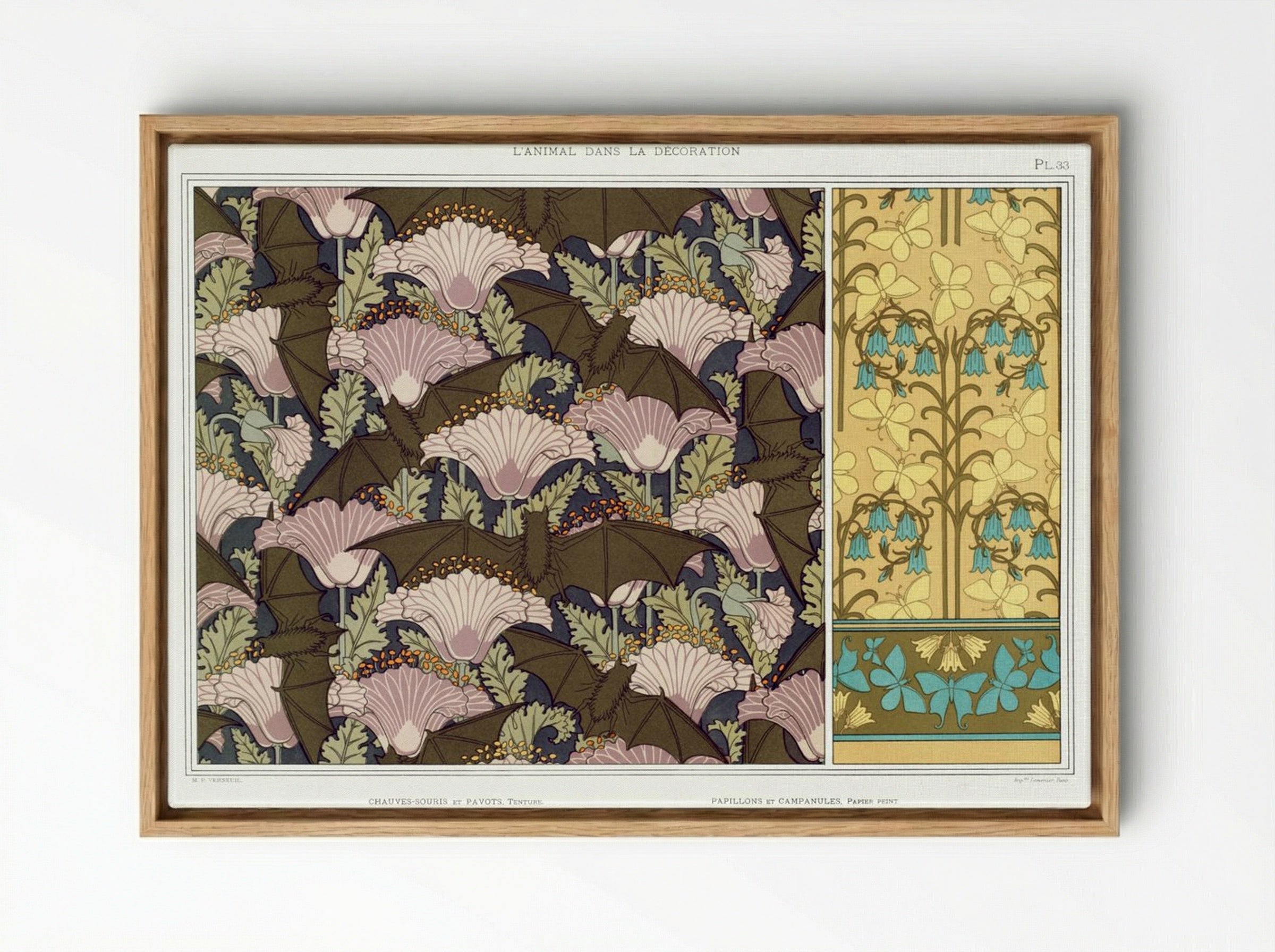 Chauves-souris et Pavots; Papillons et Campanules - Maurice Pillard Verneuil - Framed Canvas Wood